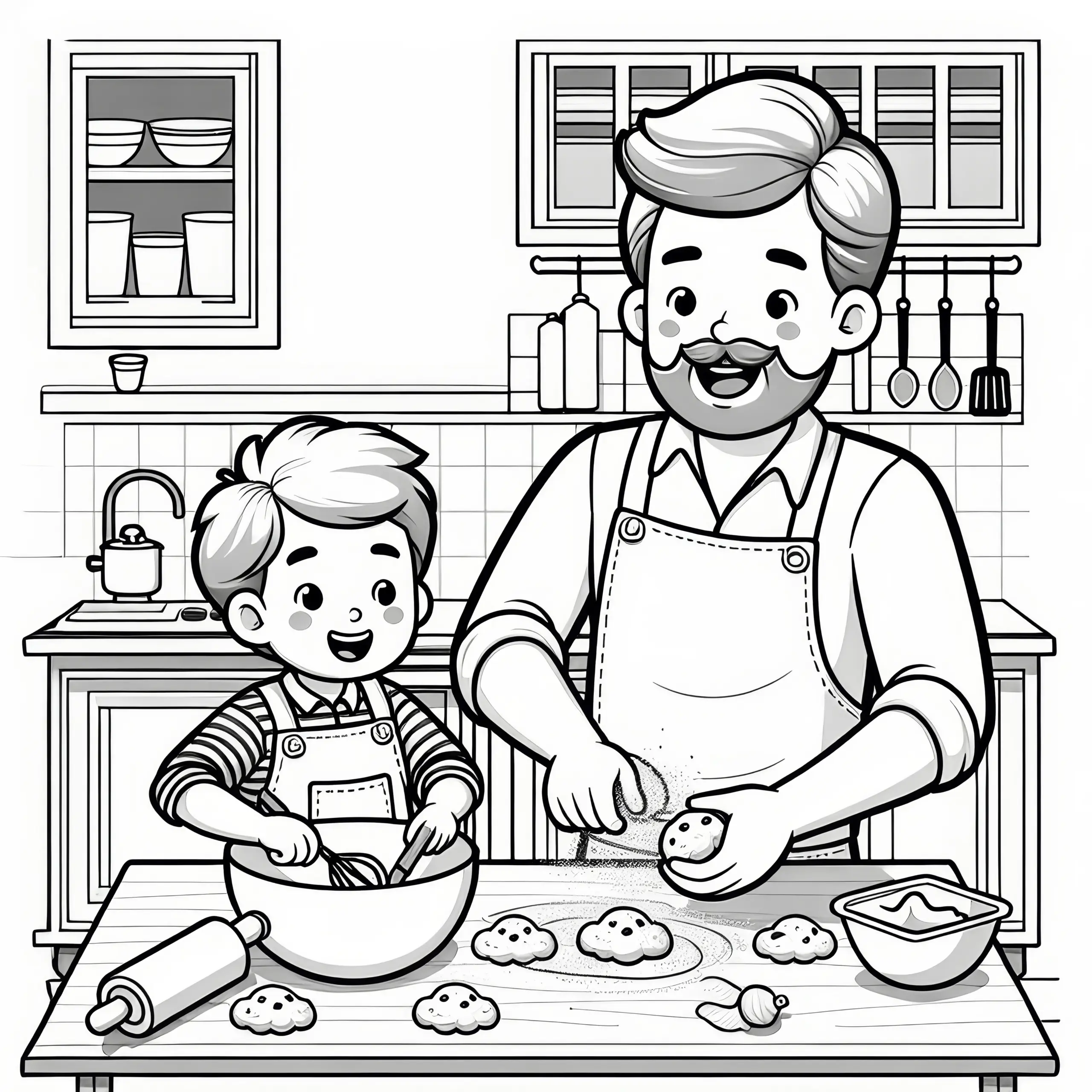 Vater und Kind backen Kekse: Ausmalbild zum Vatertag (Gratis)