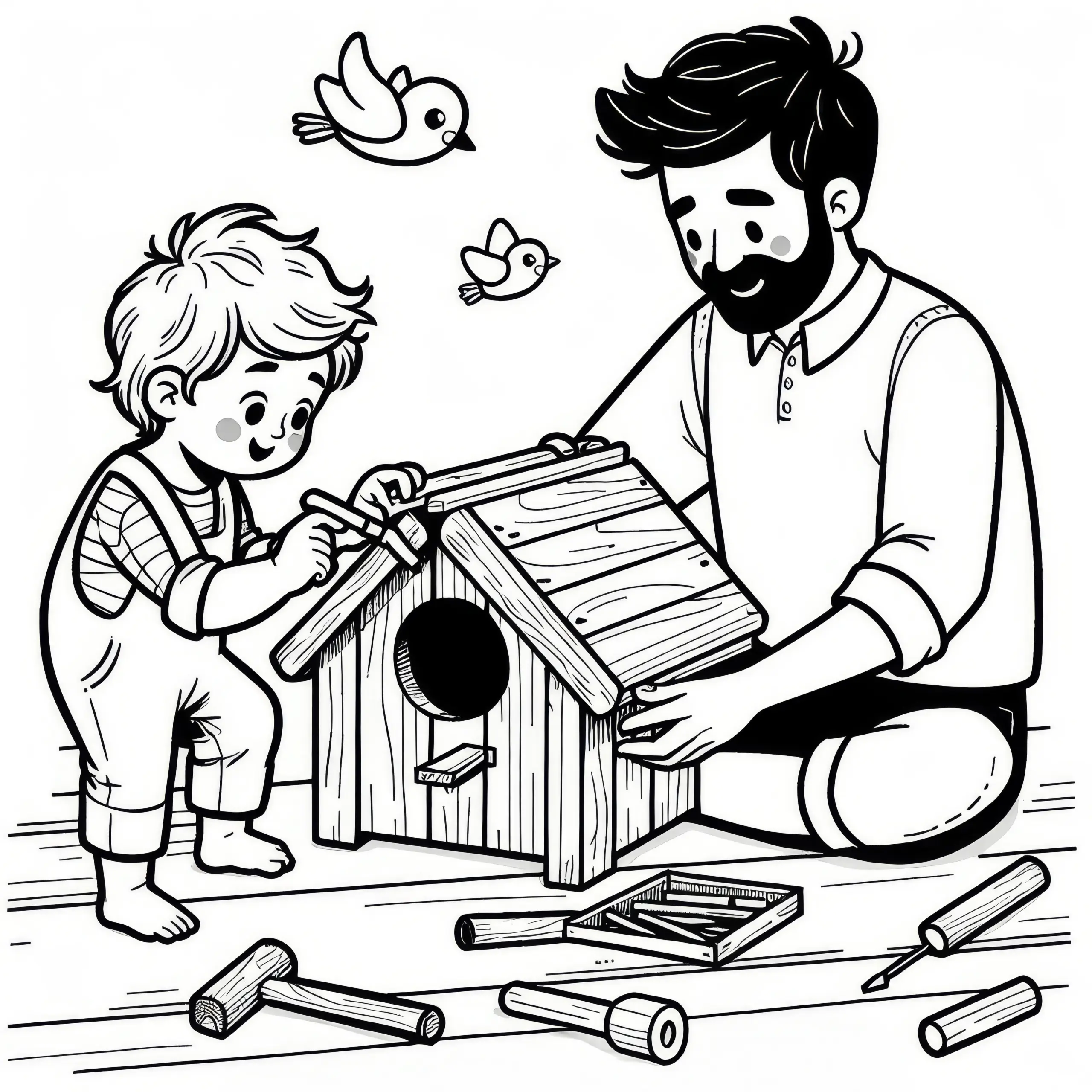 Vater und Kind beim Bau eines Vogelhauses als Ausmalbild (Kostenlos)