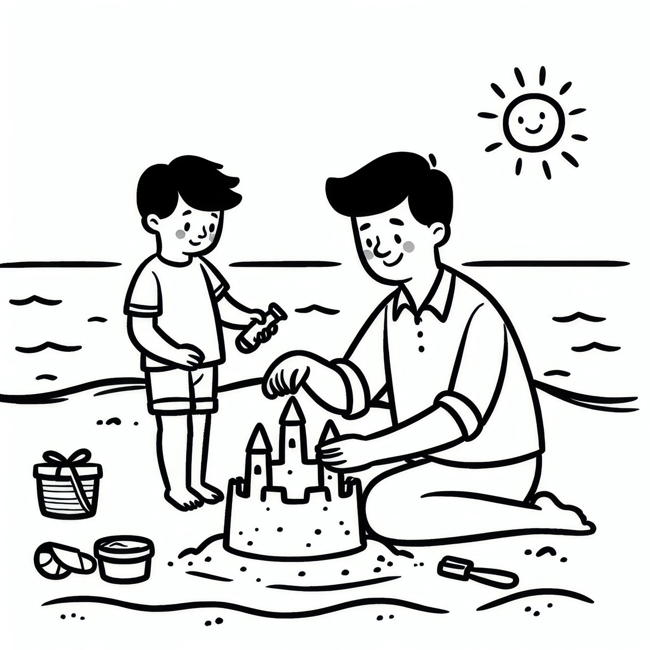 Vater und Kind bauen Sandburg am Strand: Kostenlose Malvorlage zum Vatertag (Ausmalbild)
