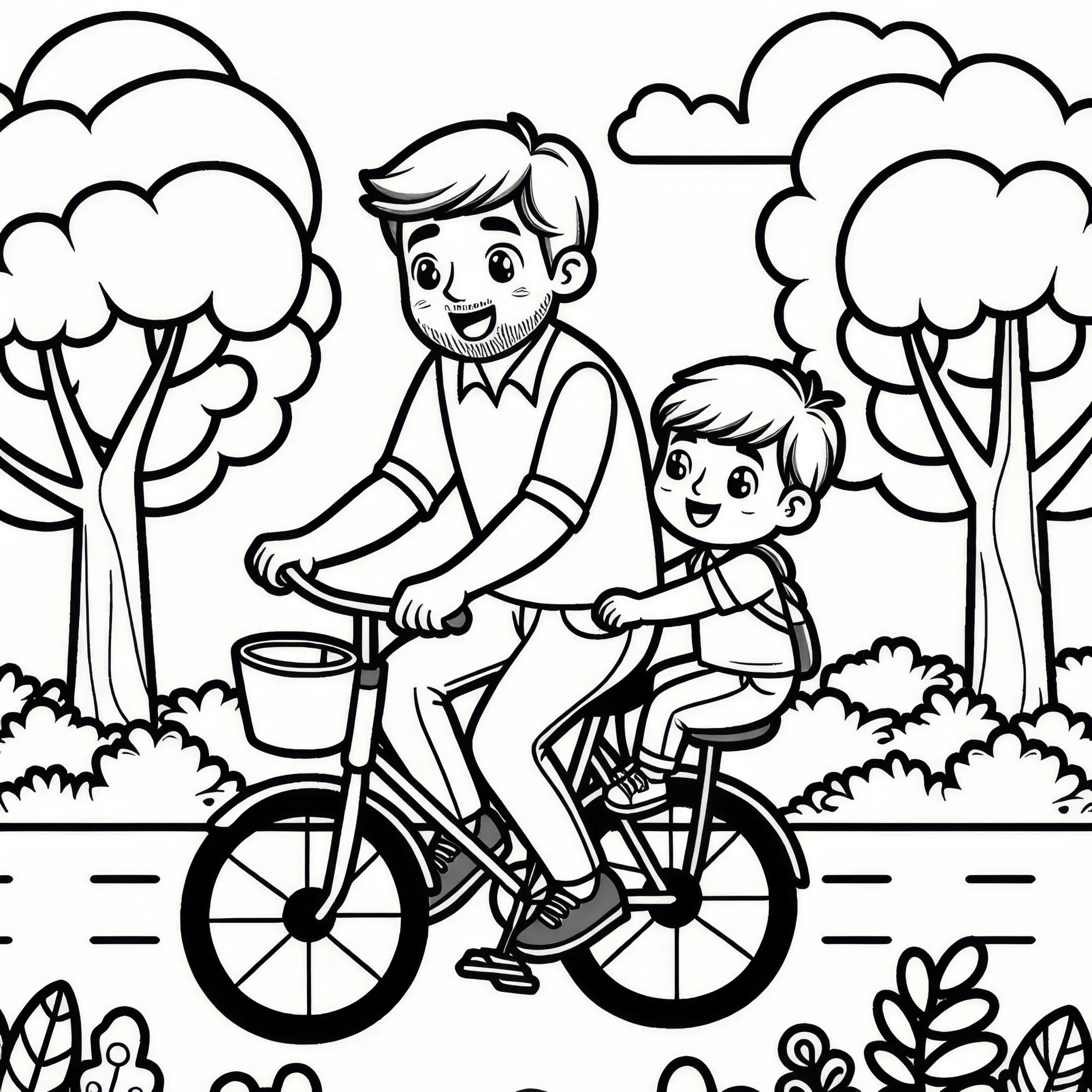 Vater und Kind fahren am Vatertag mit Fahrrad durch Park: Gratis Ausmalbild