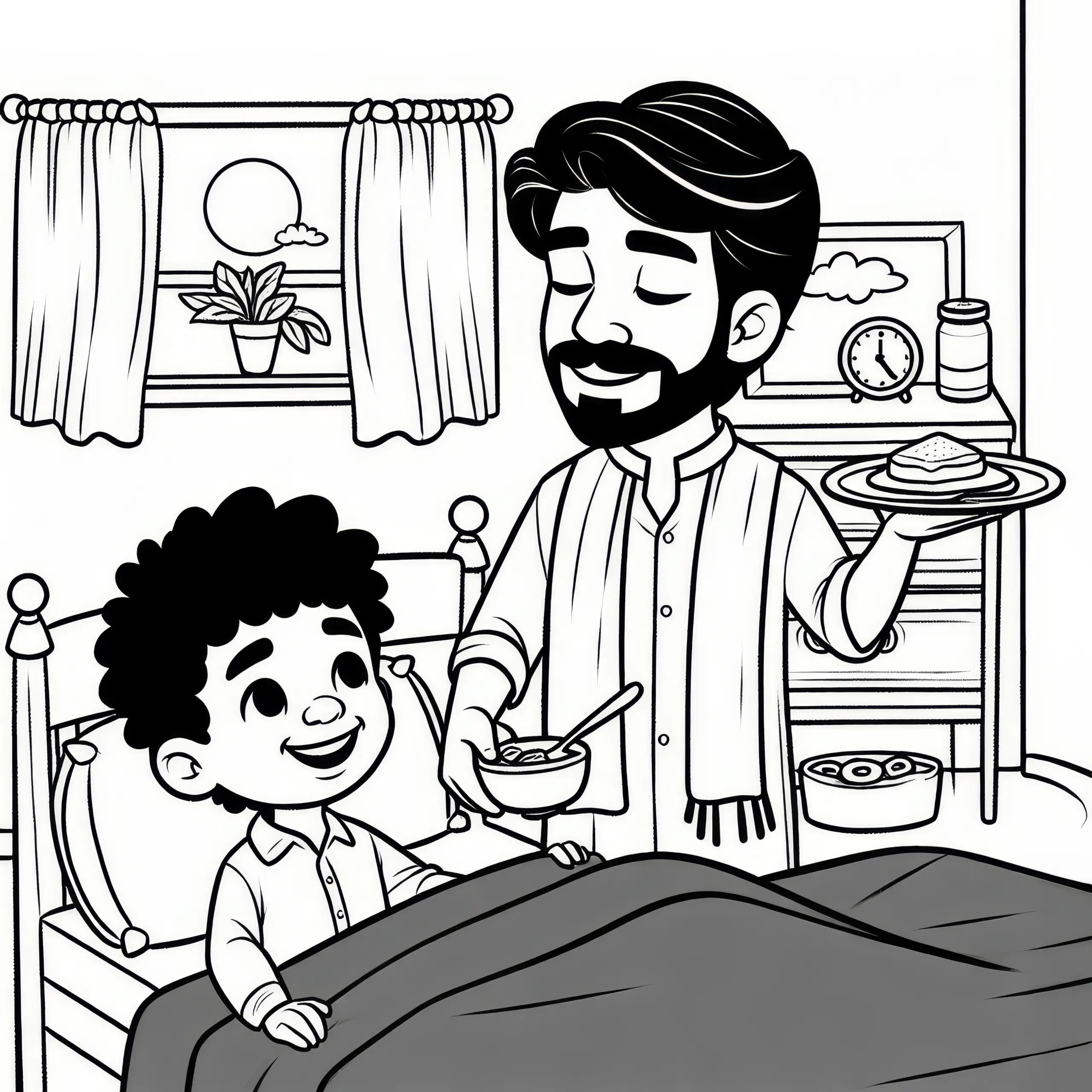 Vater und Kind frühstücken zusammen am Bett zum Vatertag: Ausmalbild zum Herunterladen (Gratis)