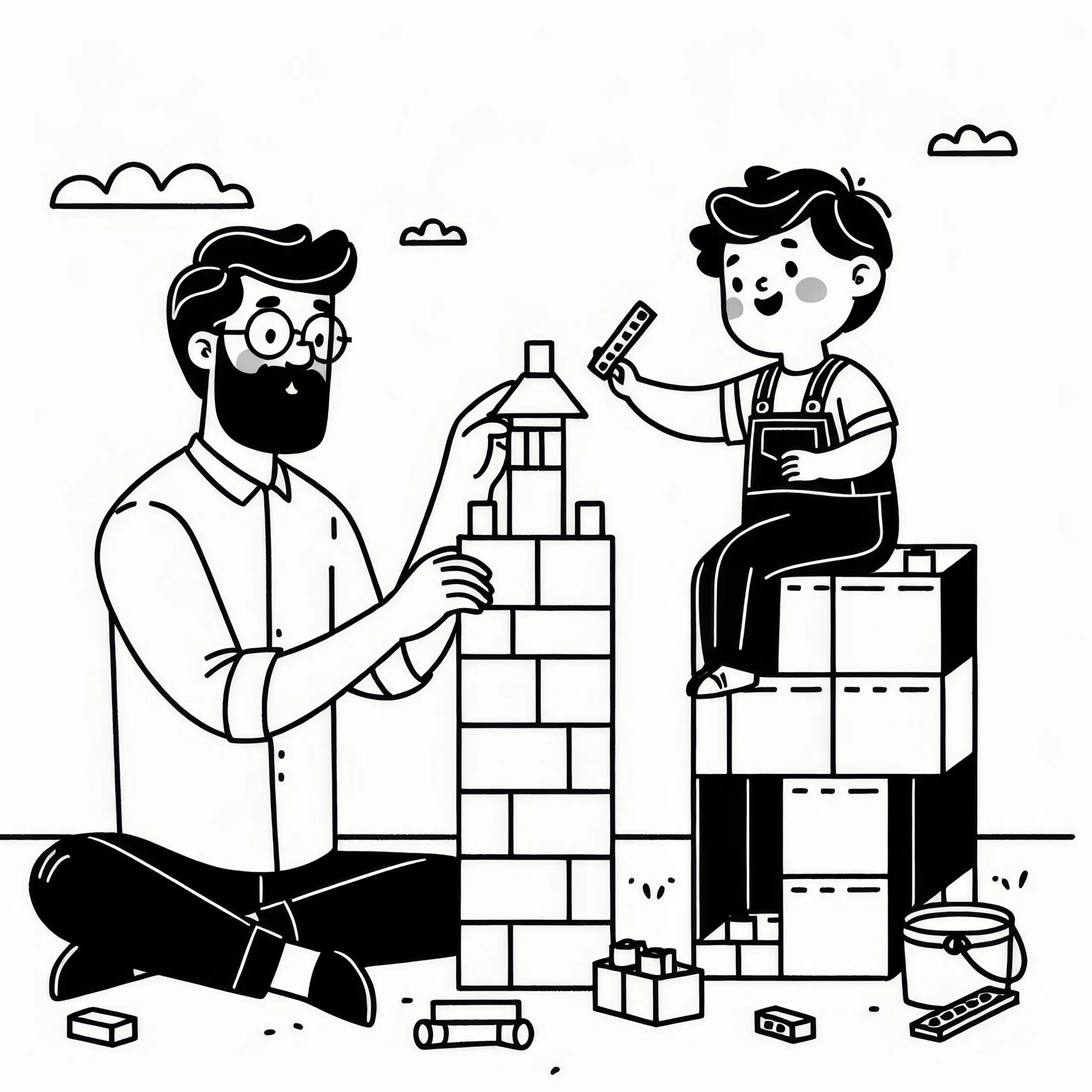 Vater und Kind spielen mit Bauklötzen und bauen Turm: Malvorlage zum Vatertag (Gratis) (Ausmalbild)