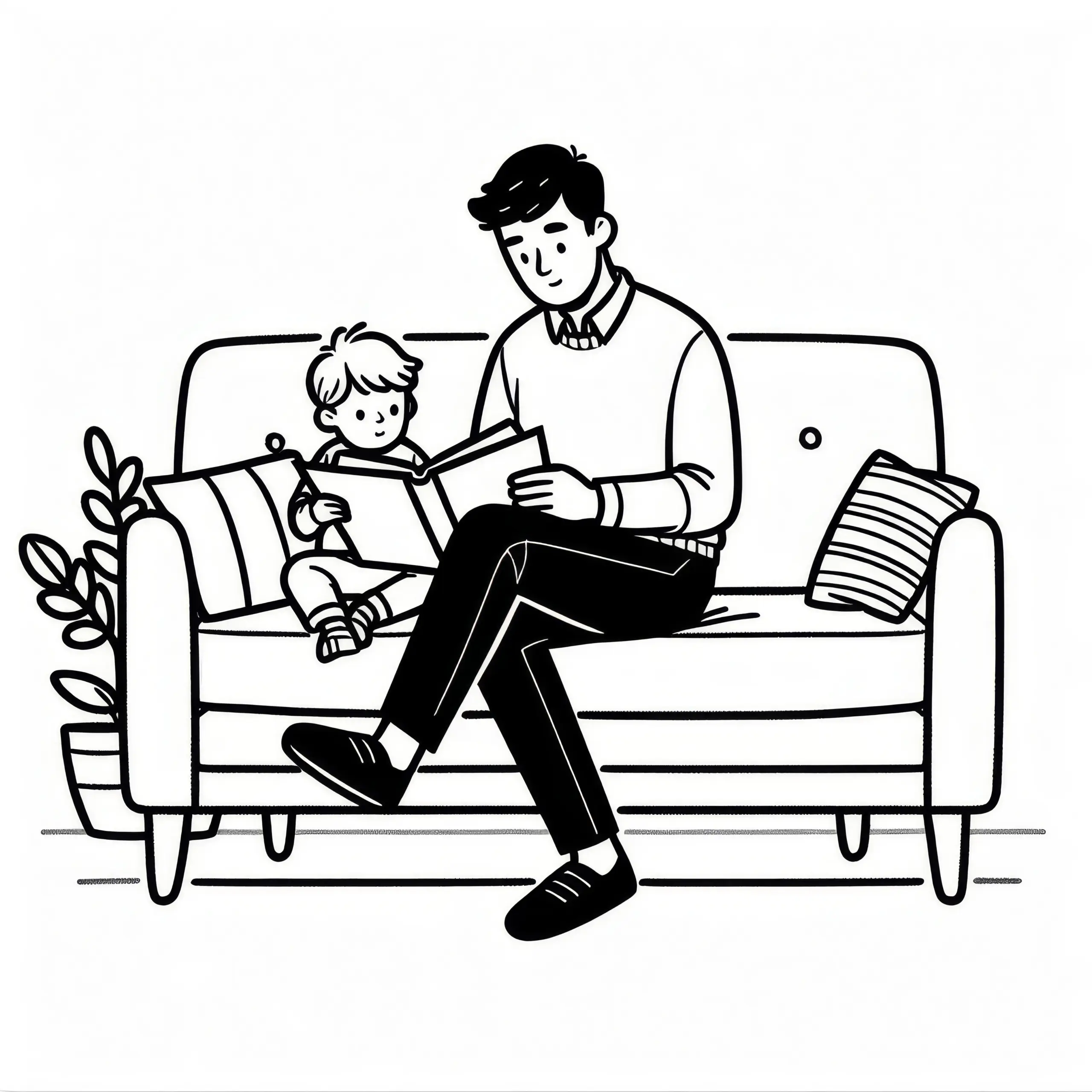 Vater liest Kind am Vatertag auf dem Sofa eine Geschichte vor: Einfaches Ausmalbild (Kostenlos)