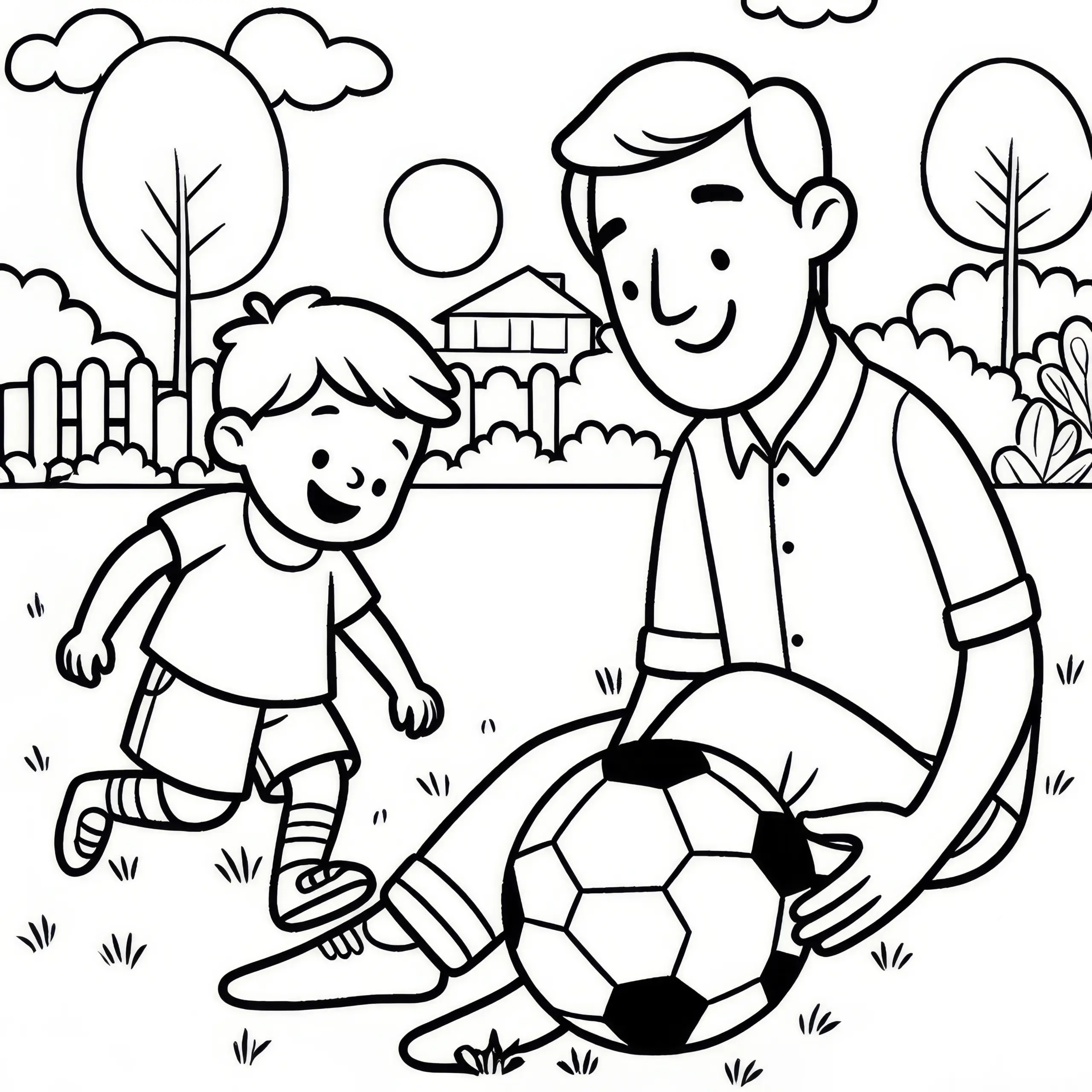 Vater spielt Fußball mit Sohn im Garten: Malvorlage (Gratis) (Ausmalbild)