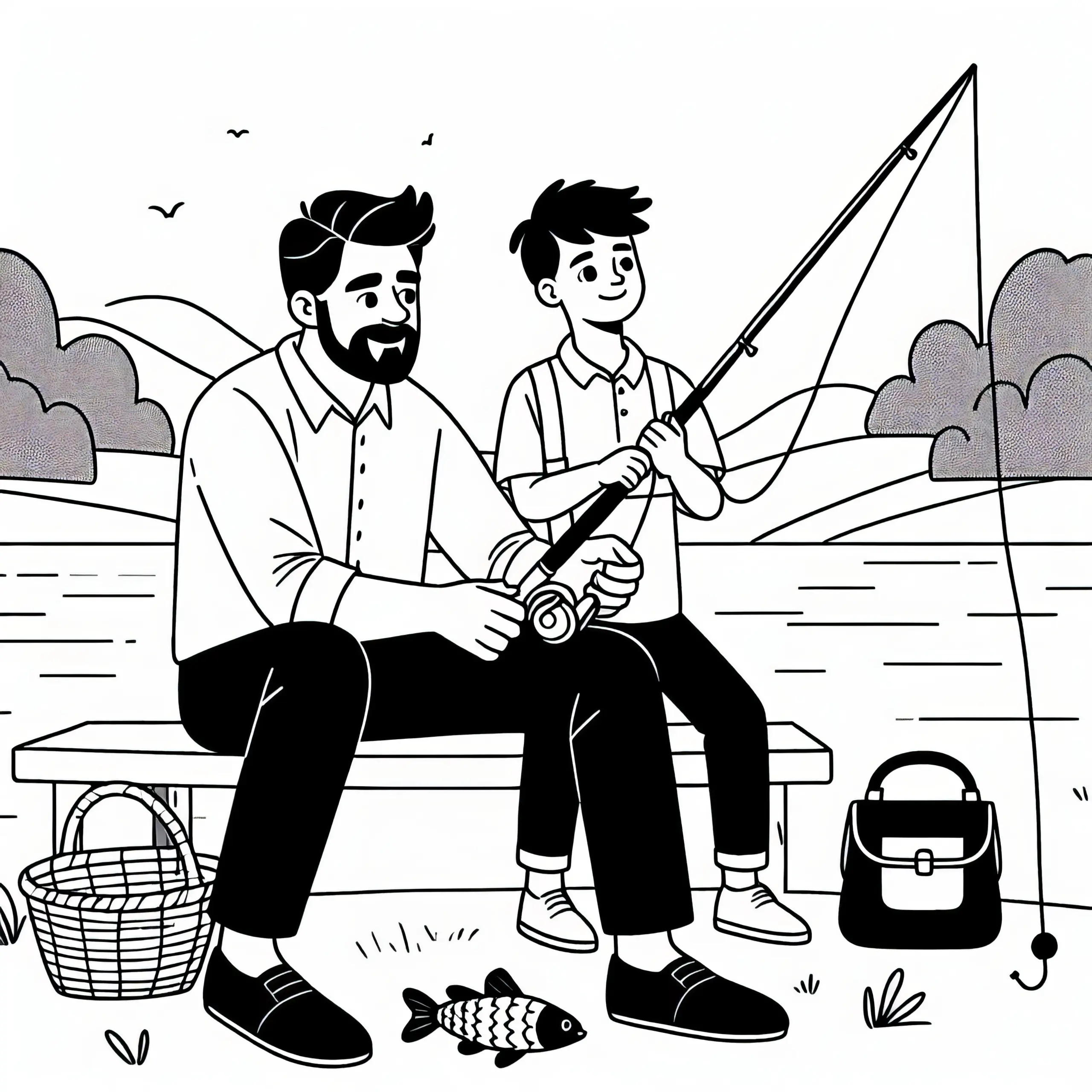 Vater zeigt Sohn am See wie geangelt wird: Malvorlage zum Männertag (Kostenlos) (Ausmalbild)