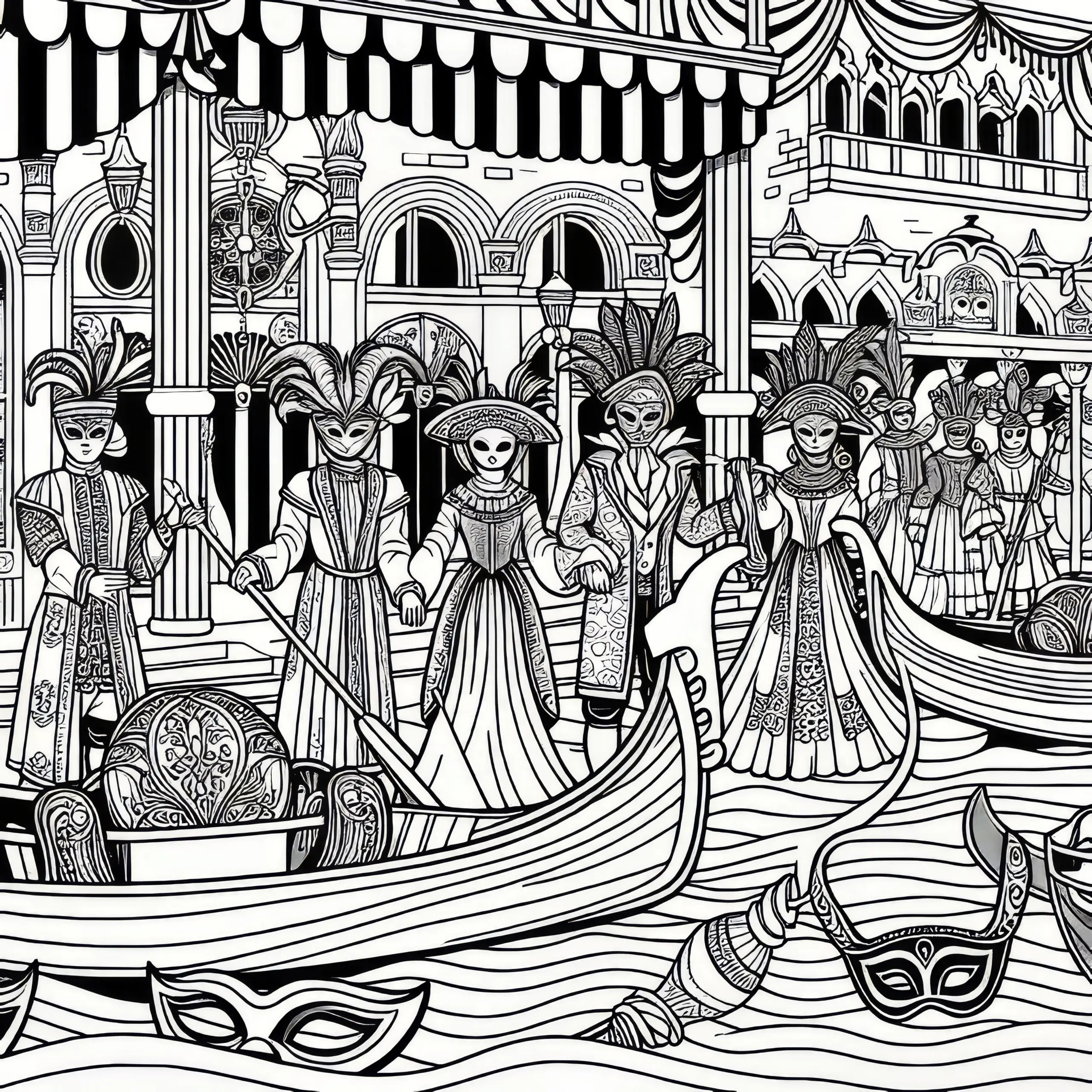 Venezianischer Karneval mit Masken, Booten und Historischer Kleidung (Ausmalbild)