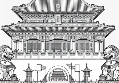 Ausmalbild der Verbotenen Stadt in Peking mit Wächterfiguren