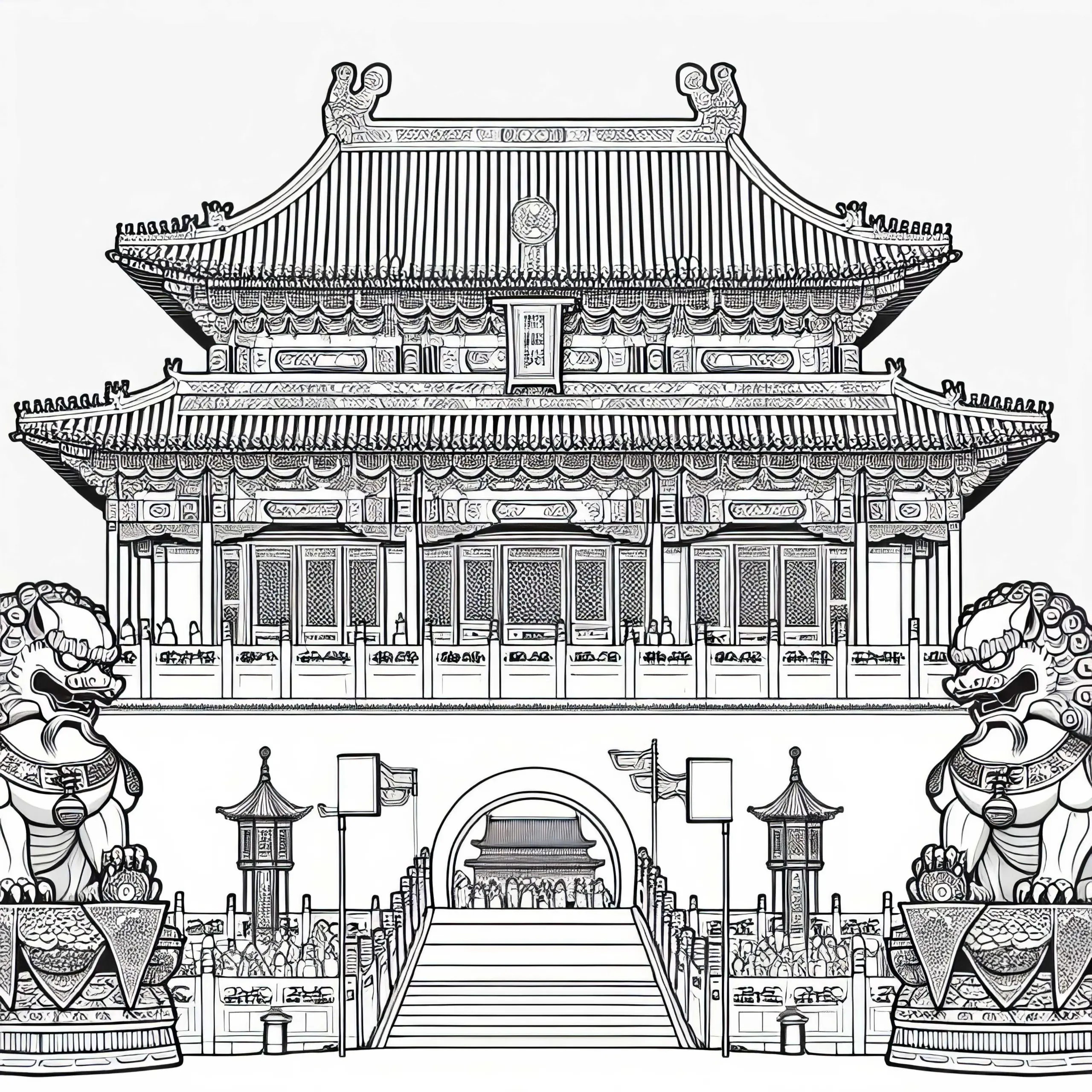 Ausmalbild der Verbotenen Stadt in Peking mit Wächterfiguren