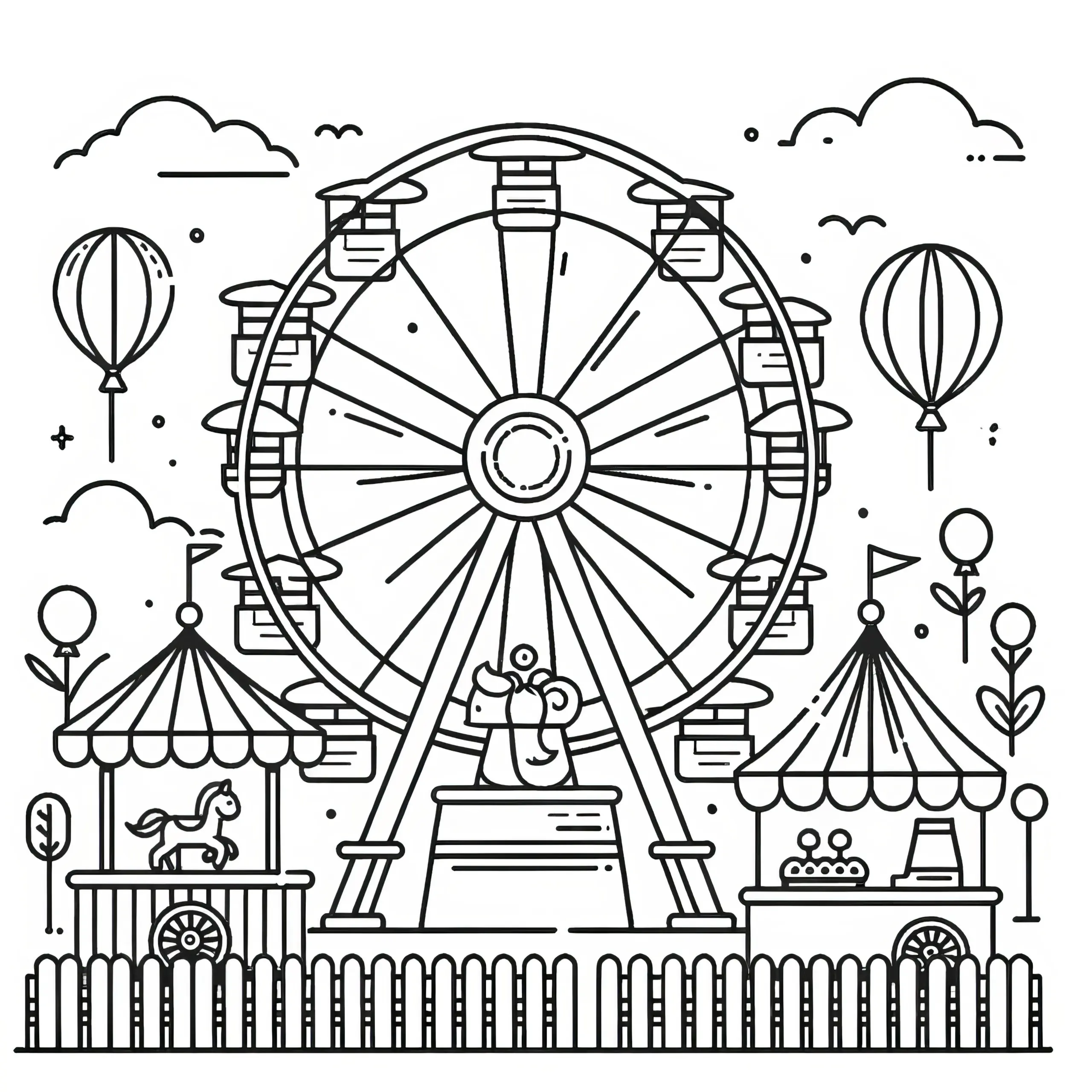 Vergnügungspark mit großem Riesenrad: Malvorlage kostenlos zum Downlaod (Ausmalbild)