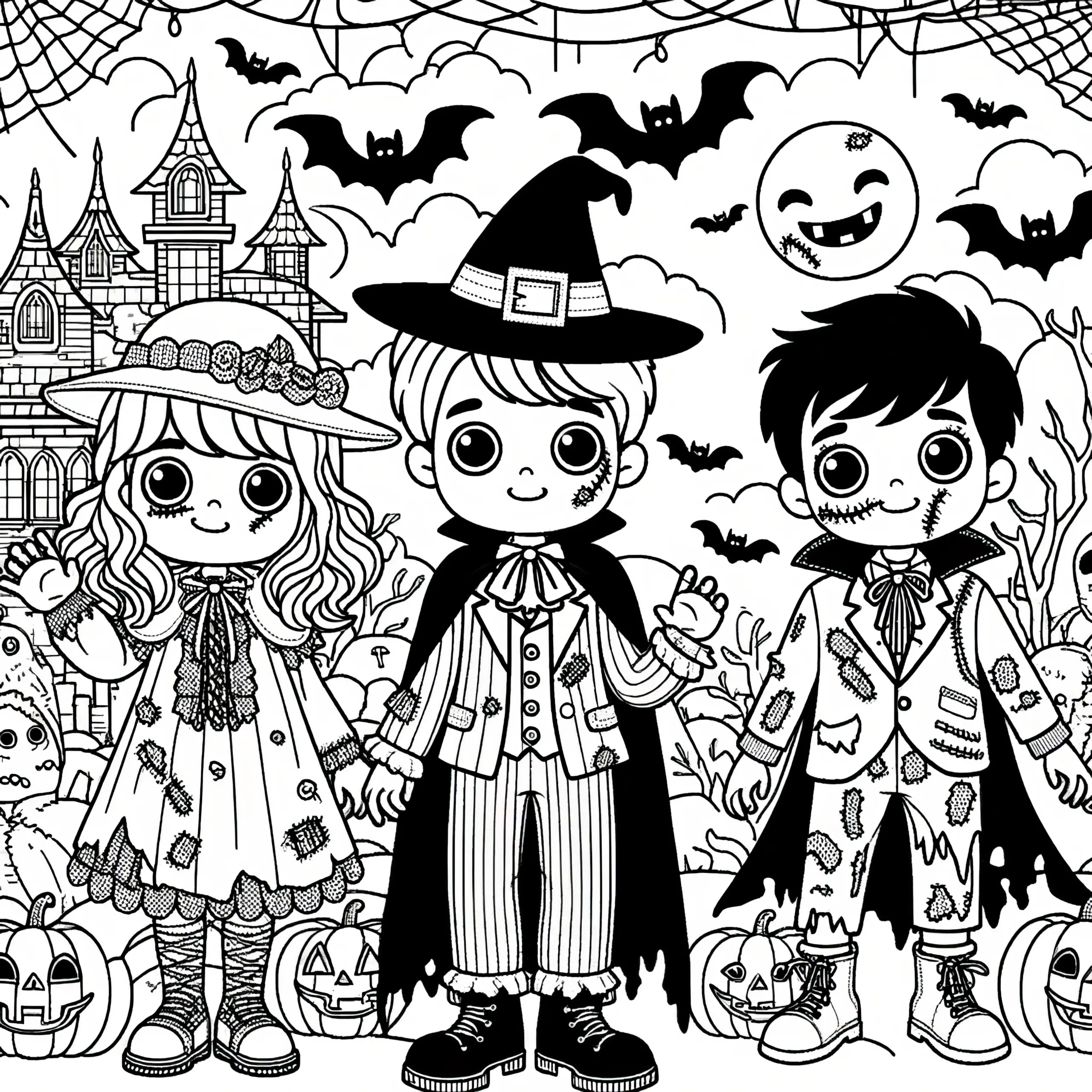 Verkleidete Kinder feiern Halloween: Bild zum Ausdrucken und Online Ausmalen (Gratis) (Ausmalbild)