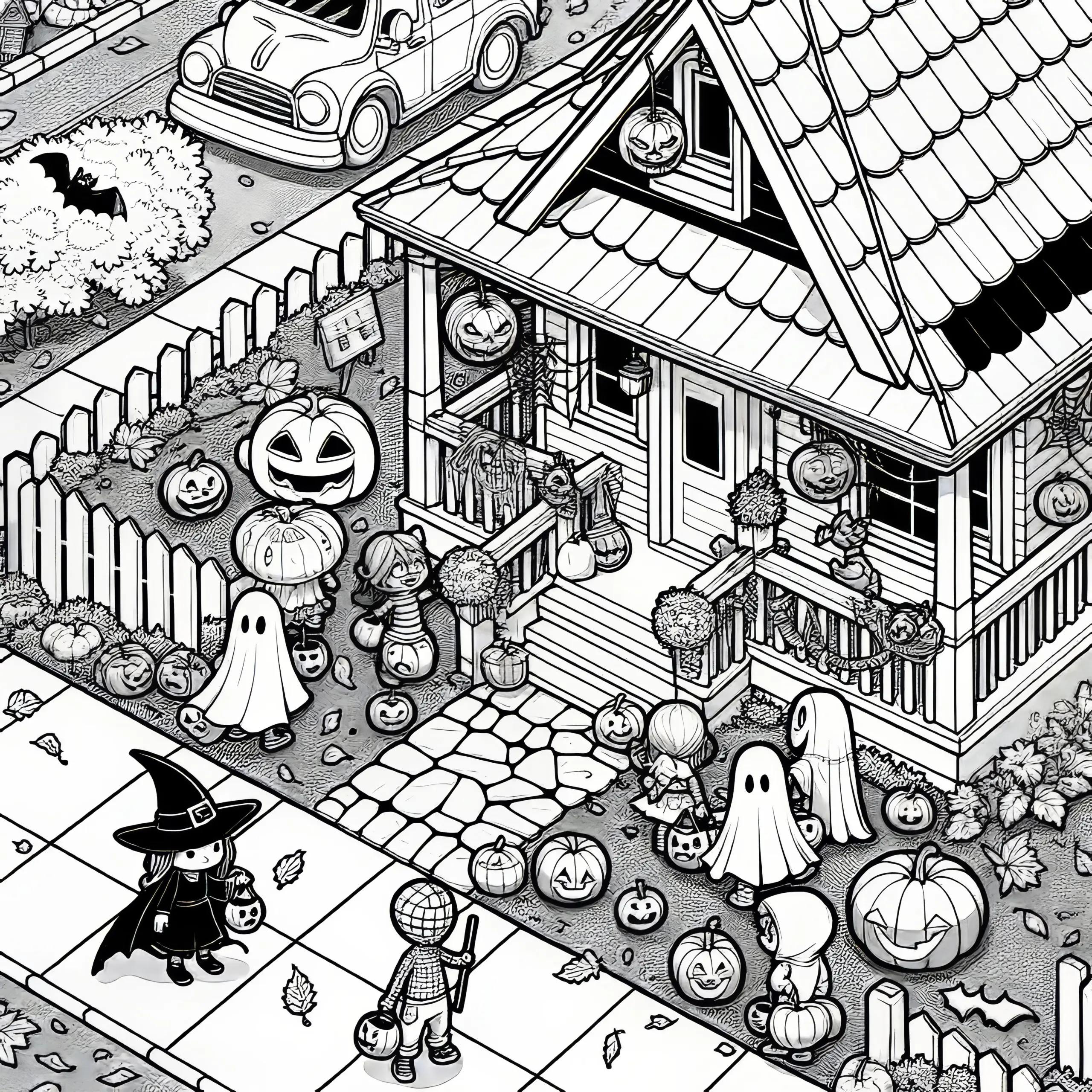 Verkleidete Kinder vor einem Haus: Ausmalbild für Halloween (Gratis)