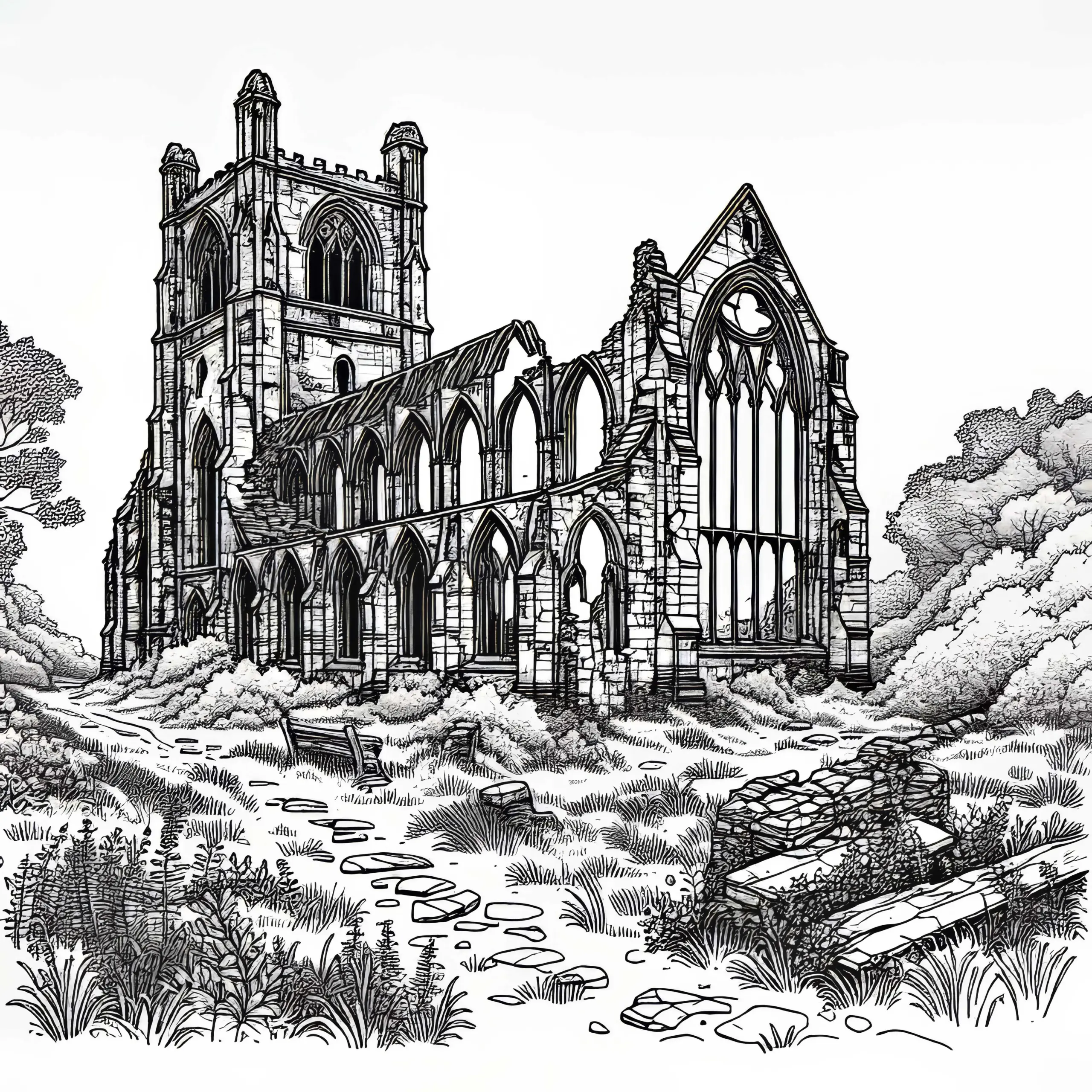 Verlassene Kirche mit zerbrochenen Fenstern – Ausmalbild Ruine Kostenlos