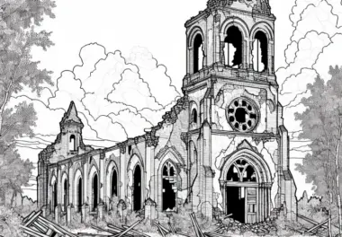 Verlassene Kirche mit zerbrochenen Fenstern – Malvorlage Ruine kostenlos