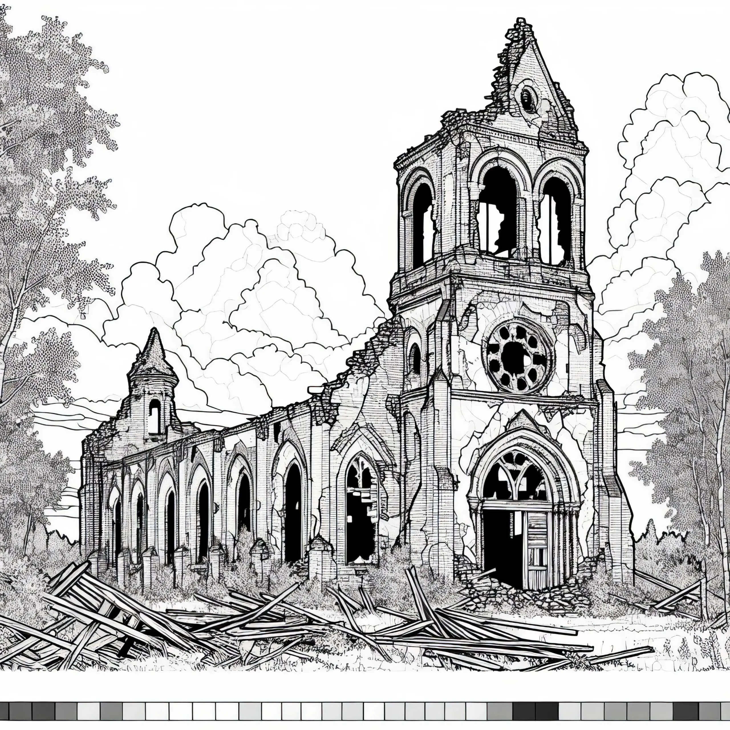 Verlassene Kirche mit zerbrochenen Fenstern – Malvorlage Ruine kostenlos (Ausmalbild)