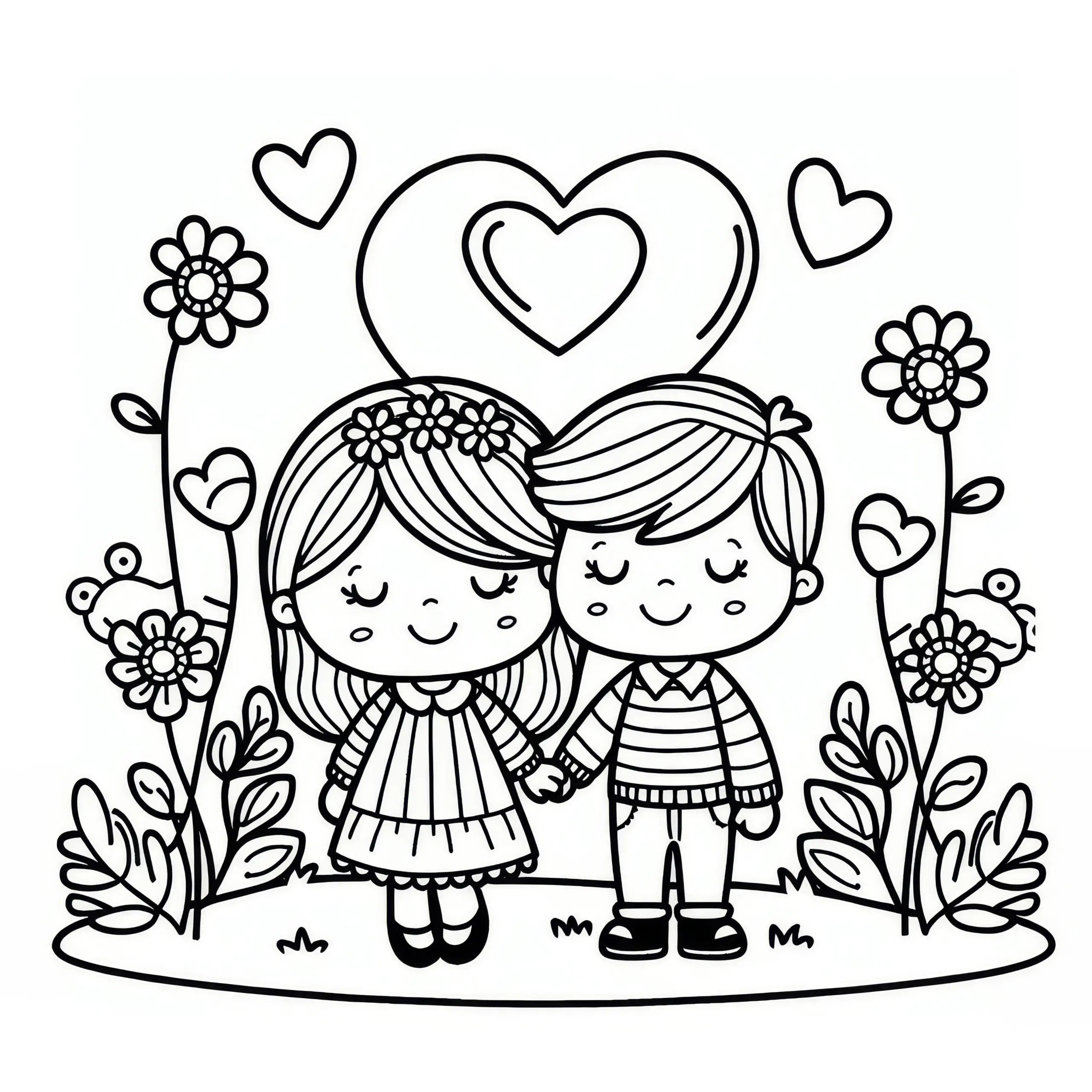 Verliebtes Paar unter einem Herz zum Valentinstag: Einfache Malvorlage für Kinder (Gratis) (Ausmalbild)