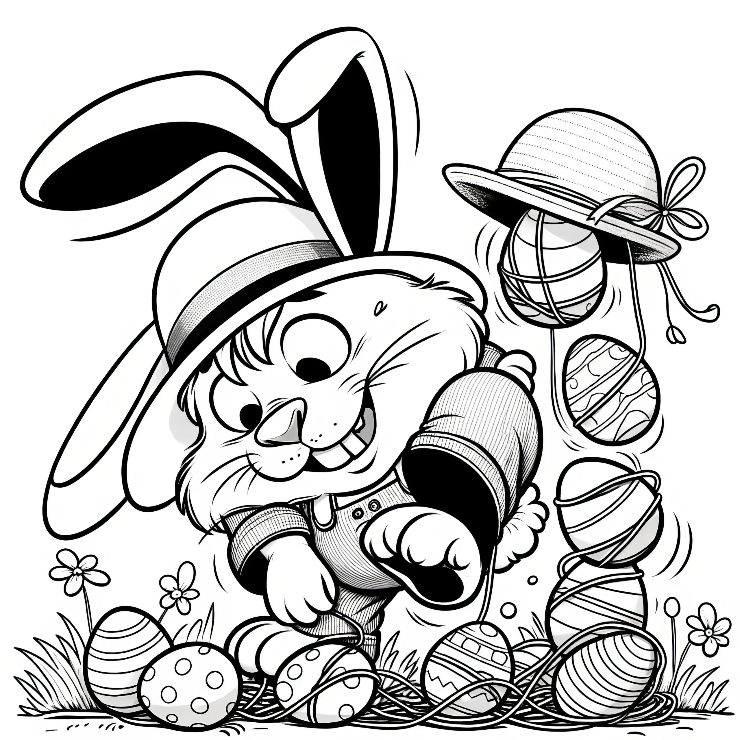 Verrückter Osterhase mit Problemen beim Osternest befüllen (Kostenlos) (Ausmalbild)