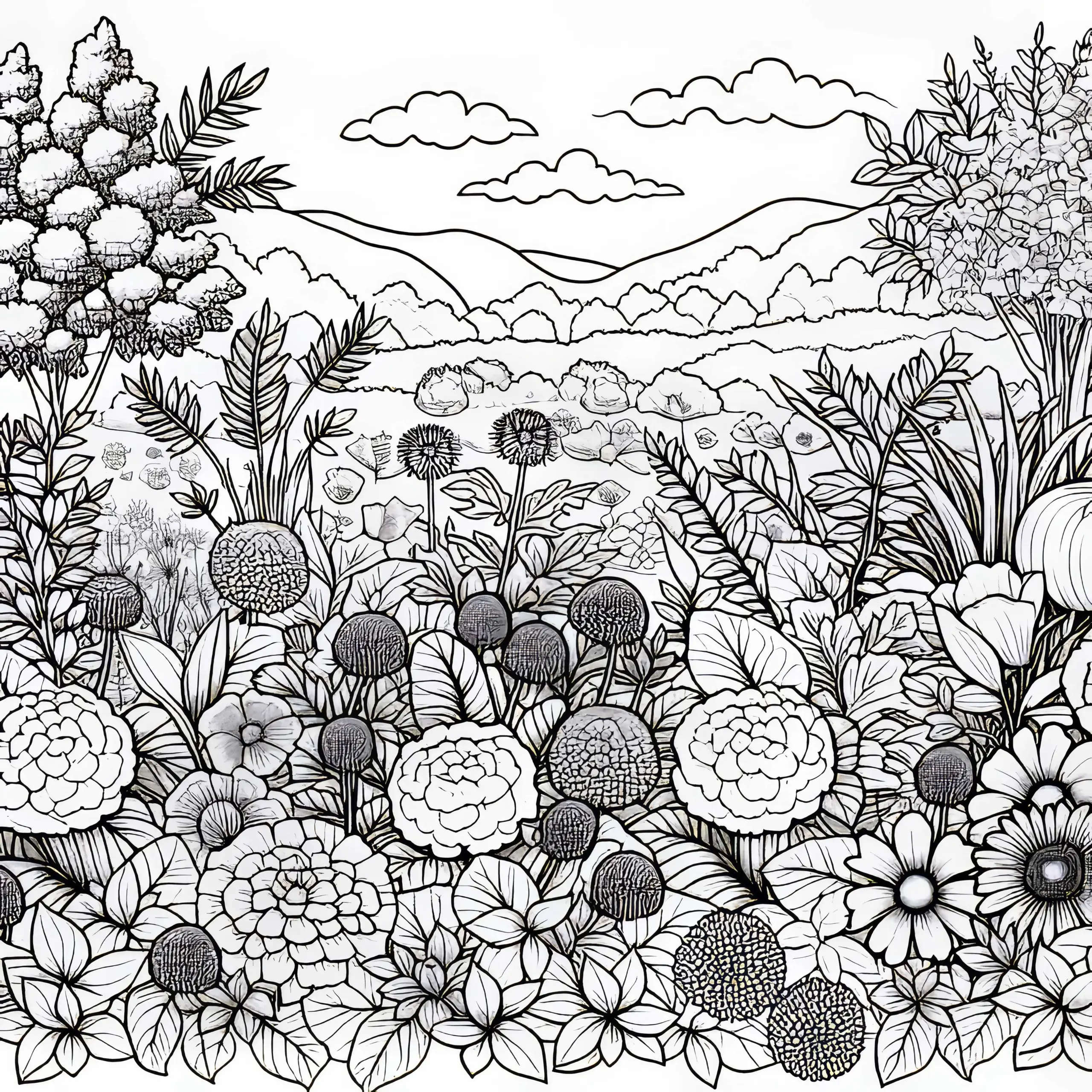 Verschiedene Blumen im Garten – Malvorlage kostenlos (Ausmalbild)