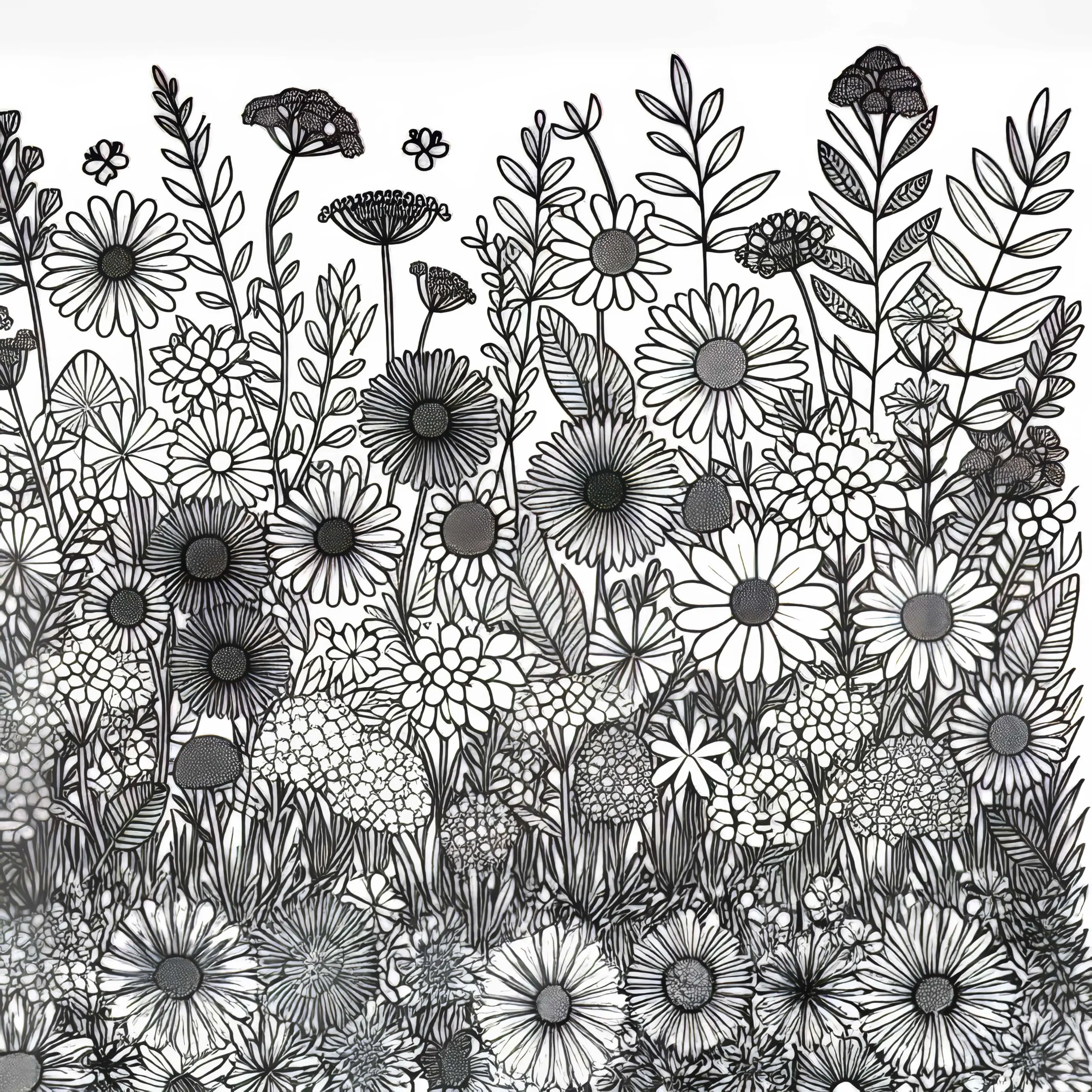 Verschiedene Blumenarten wachsen bunt gemischt – Ausmalbild gratis