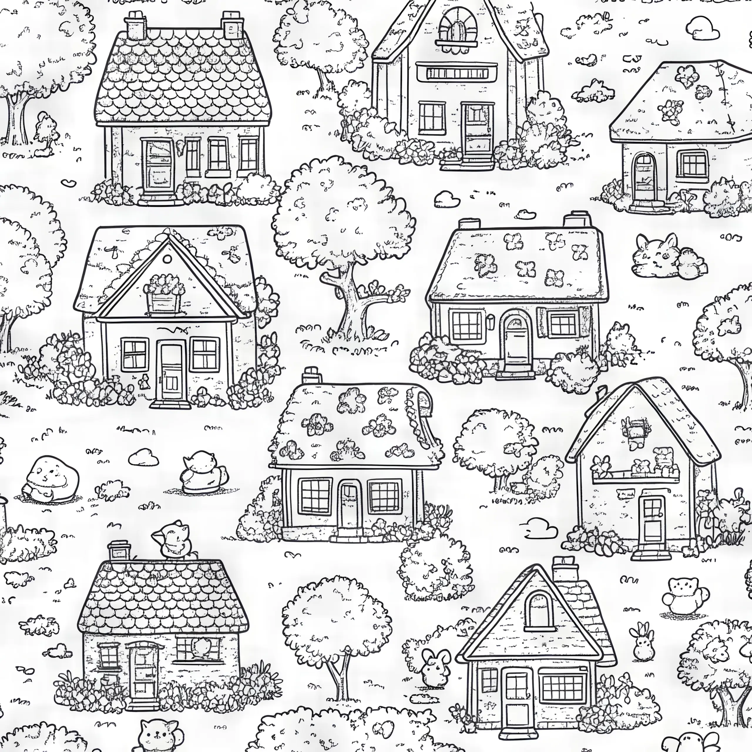 Verschiedene Häuser: Wimmelbild zum kostenlosen Ausmalen (Ausmalbild)