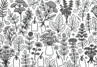 Verschiedene Kräuter mit Schildchen – Malvorlage Kräutergarten gratis
