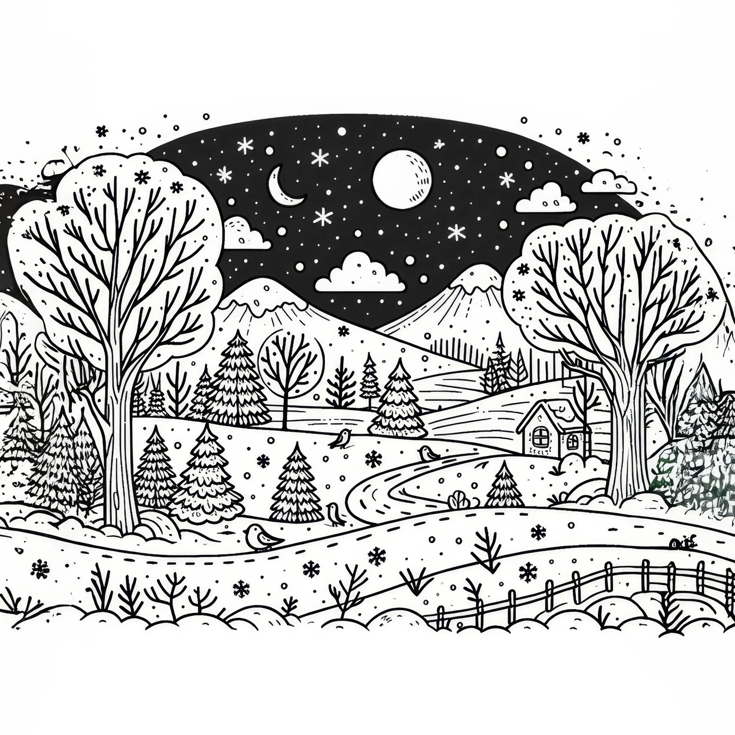 Verschneite Winterlandschaft mit kahlen Bäumen im Januar als Malvorlage (Kostenlos) (Ausmalbild)