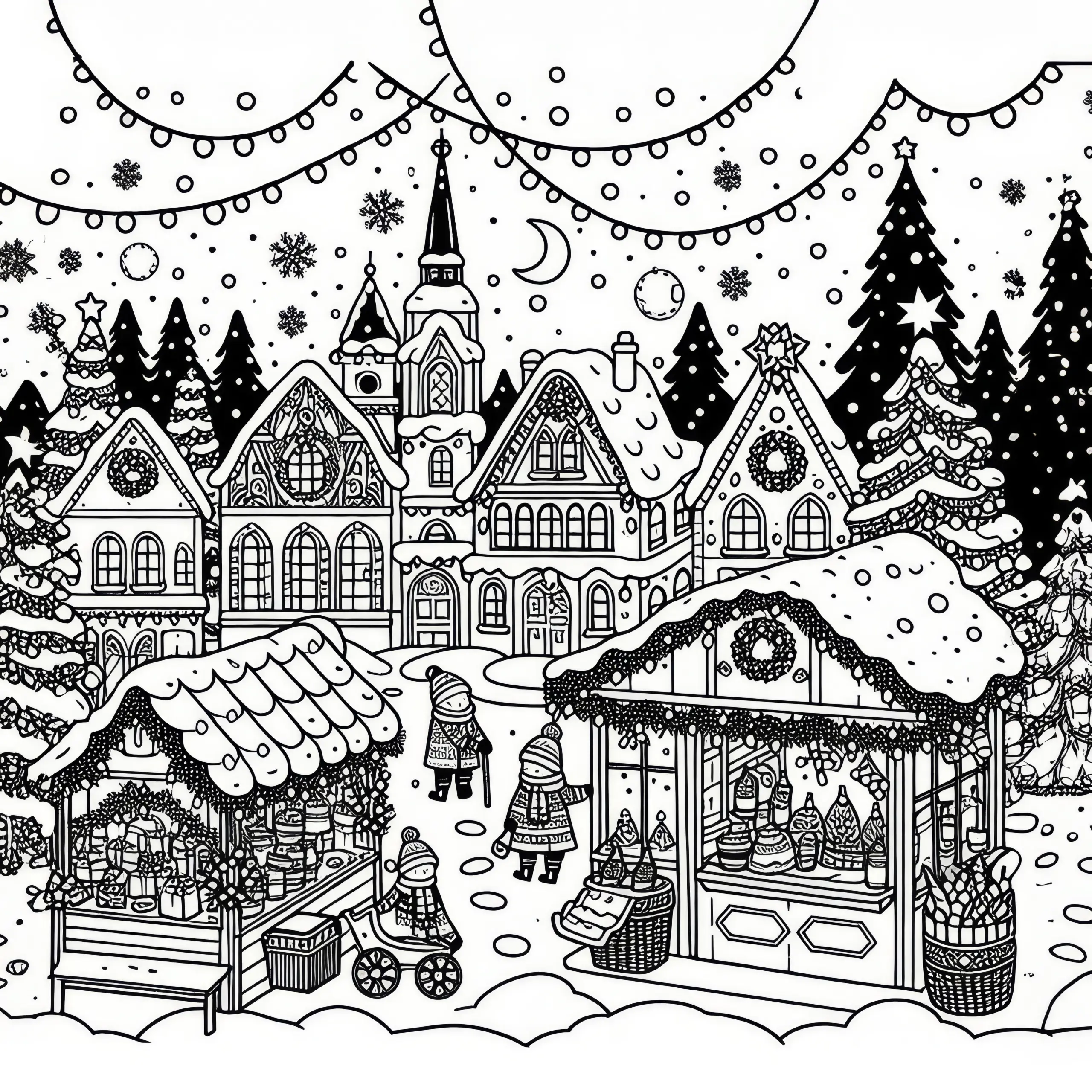 Verschneiter Weihnachsmarkt im Dezember als Malvorlage (Kostenlos) (Ausmalbild)