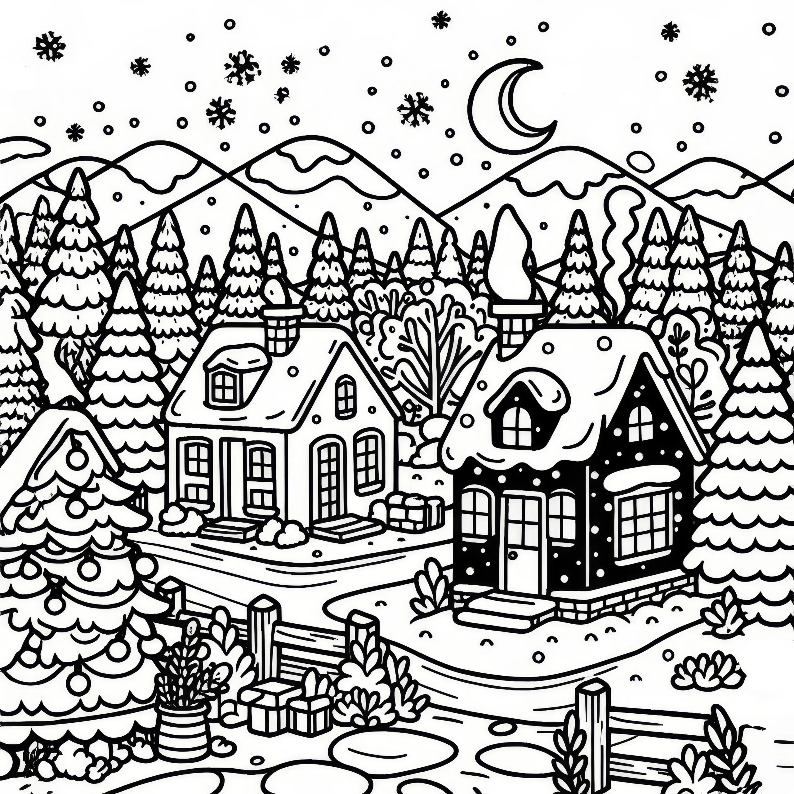 Verschneites Dorf im Dezember als Malvorlage (Kostenlos) (Ausmalbild)