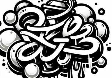 Verschneikeltes Tag in Bubble Schrift mit Sprühnebel und Tropfen – Graffiti Ausmalbild kostenlos