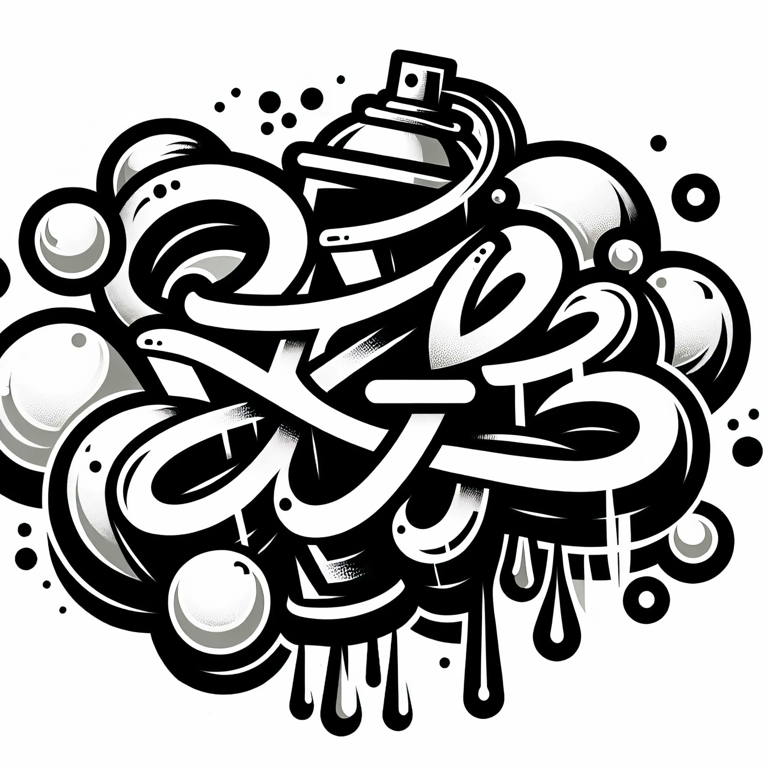 Verschneikeltes Tag in Bubble Schrift mit Sprühnebel und Tropfen – Graffiti Ausmalbild kostenlos
