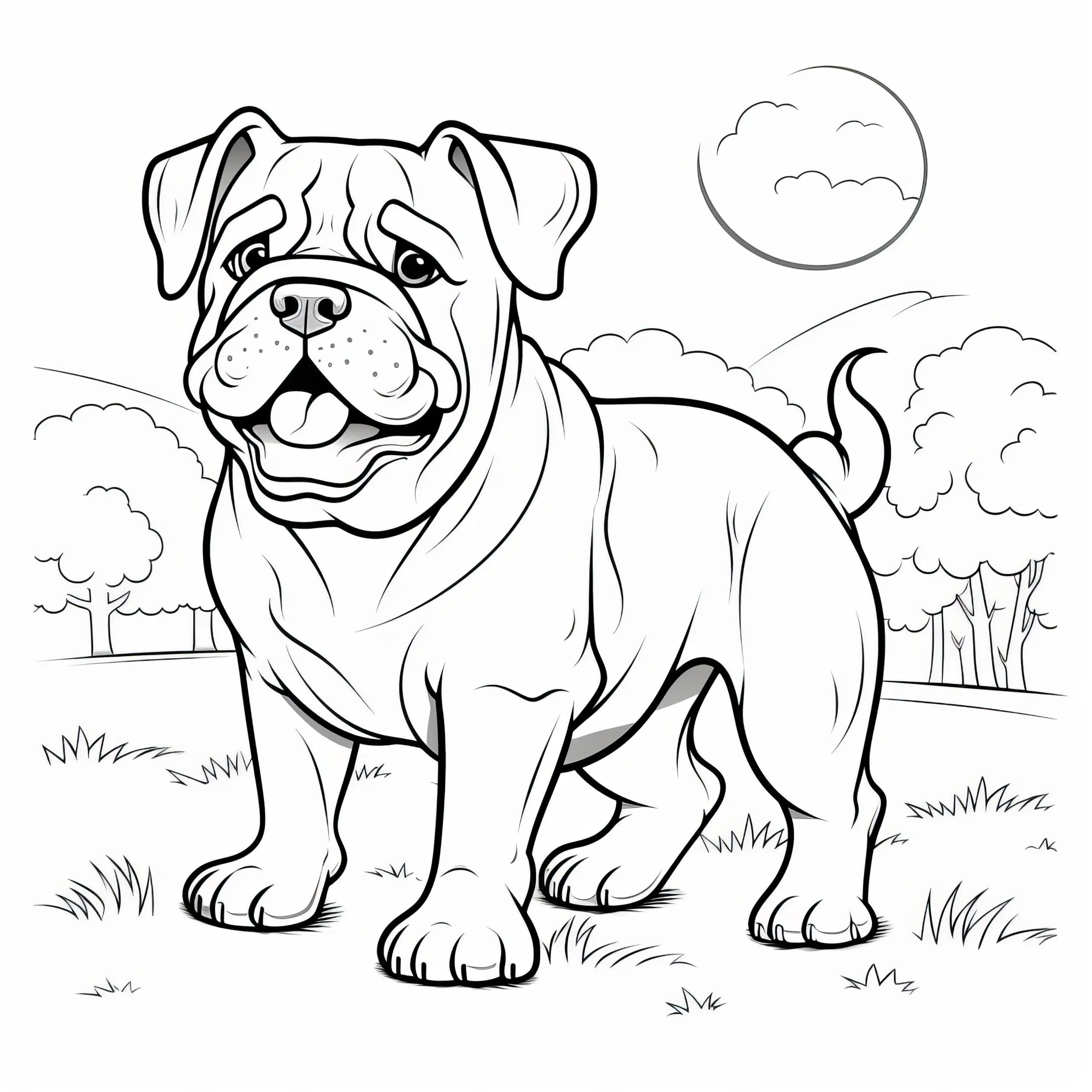 Verspielte Bulldogge in idyllischer Landschaft: Ausmalbild Kostenlos herunterladen
