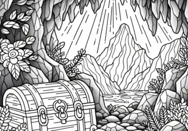 Versteckter Schatz in der Höhle – Ausmalbild kostenlos