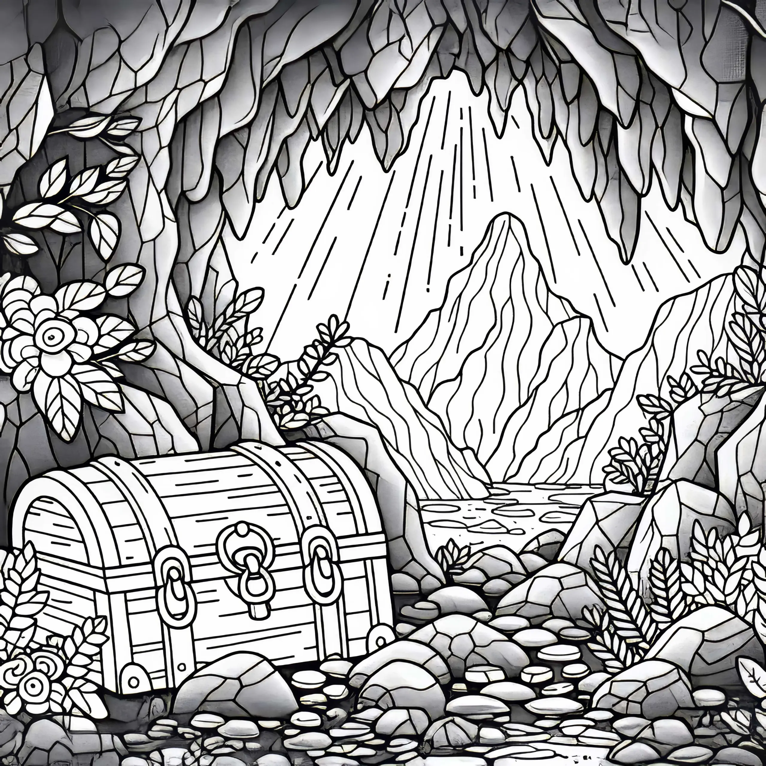 Versteckter Schatz in der Höhle – Ausmalbild kostenlos