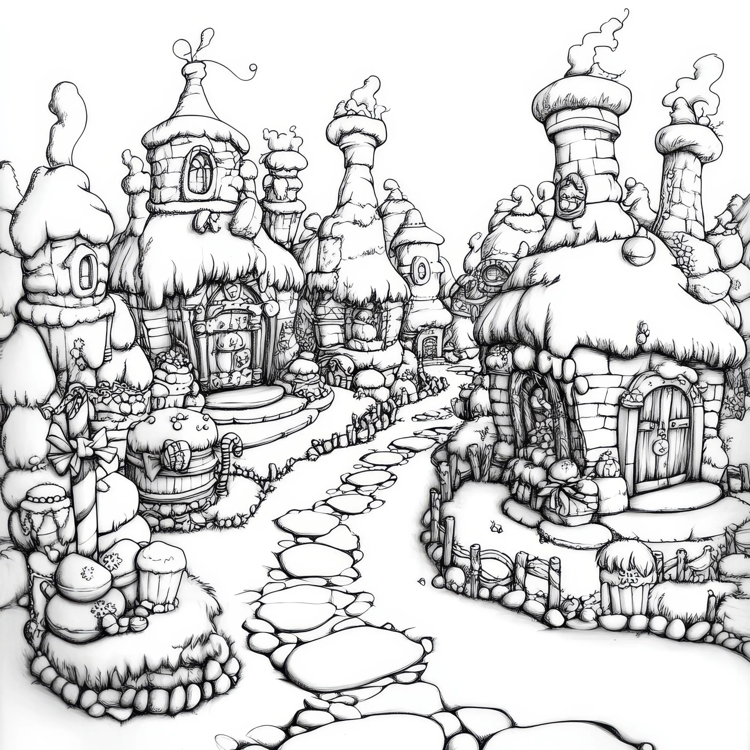 Verträumtes Winterdorf im Wunderland: Malvorlage zum Download (Gratis) (Ausmalbild)