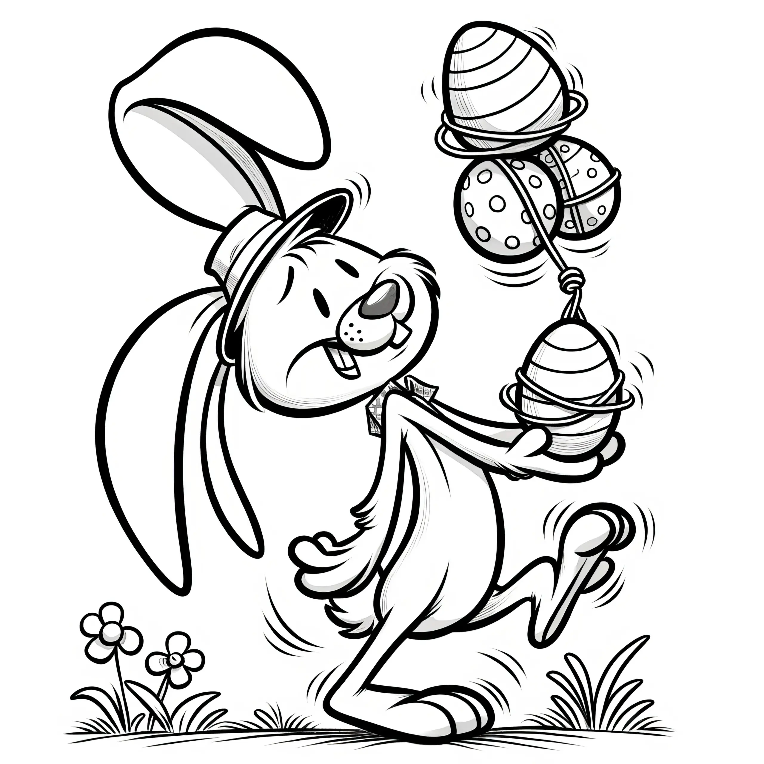 Verwirrter Osterhase mit Ostereiern: Lustiges Ausmalbild für Kinder (Gratis)
