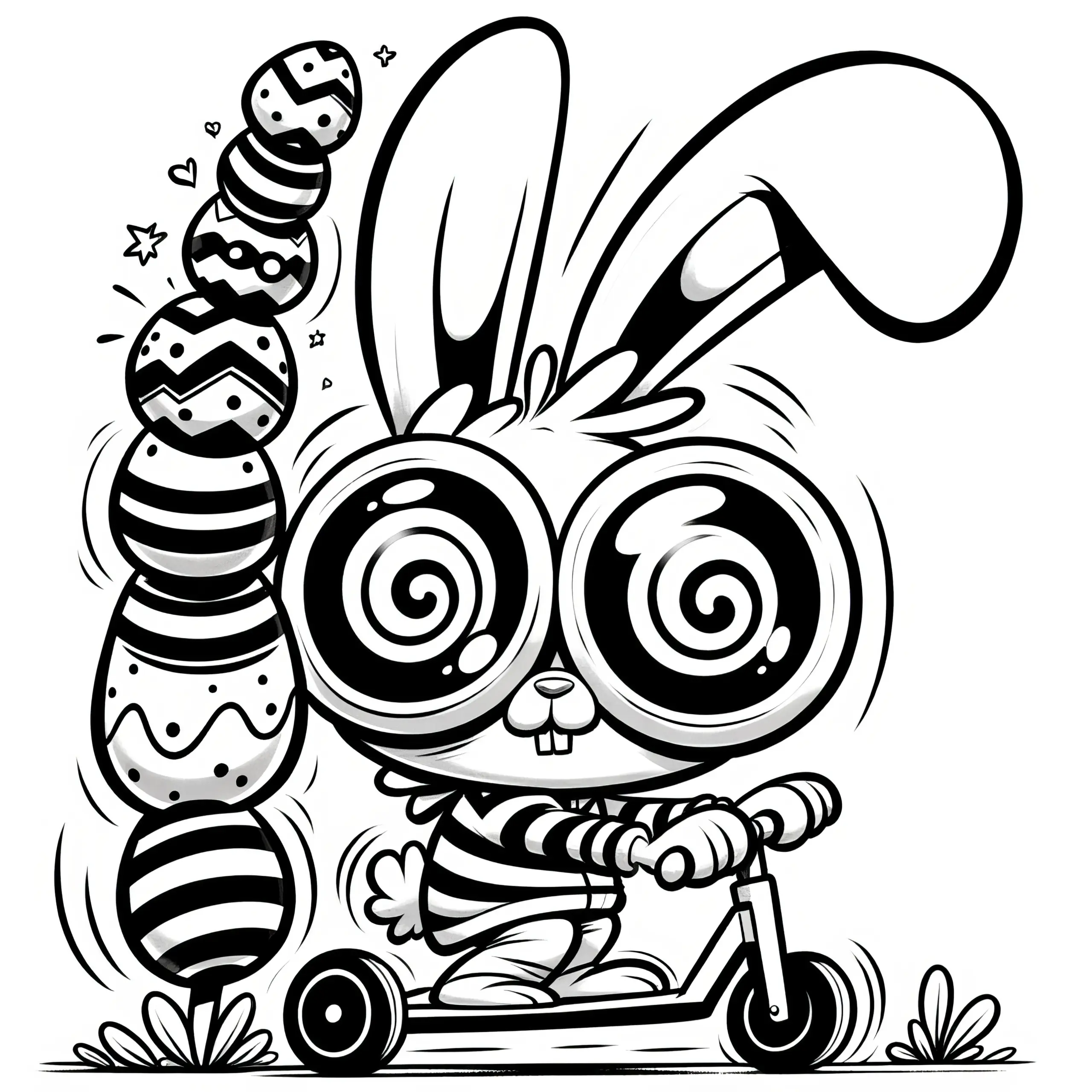 Verwirrter Osterhase auf Roller: Ausmalbild zum Herunterladen (Gratis)