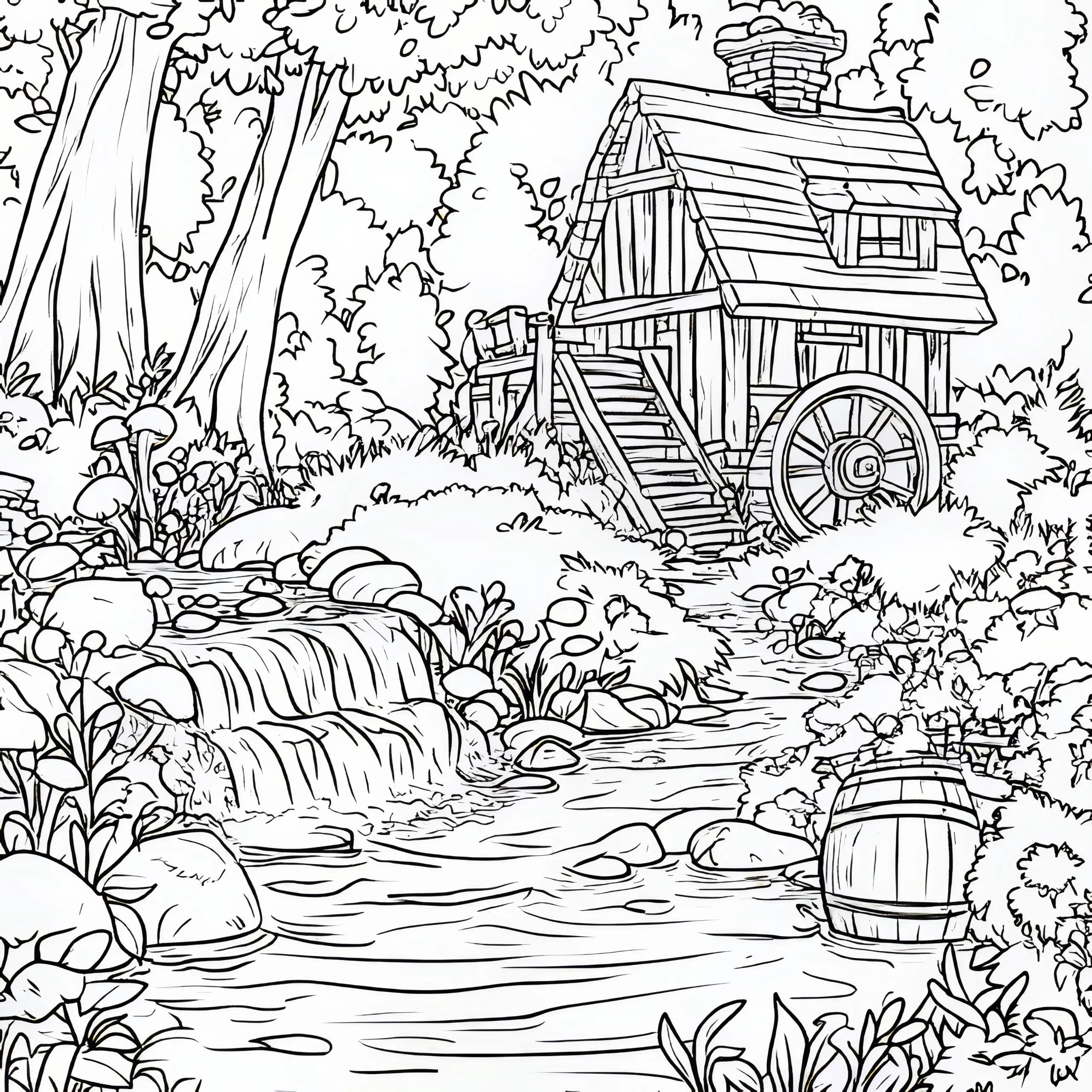 Verwunschene Wassermühle im Zauberwald: Malvorlage zum Herunterladen (Gratis) (Ausmalbild)