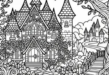 Verwunschenes Märchenschloss mit Ranken und dornenüberwuchert – Ausmalbild kostenlos
