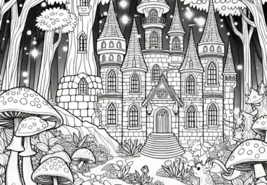 Verzaubertes Schloss im Wald umgeben von Pilzen – Malvorlage kostenlos