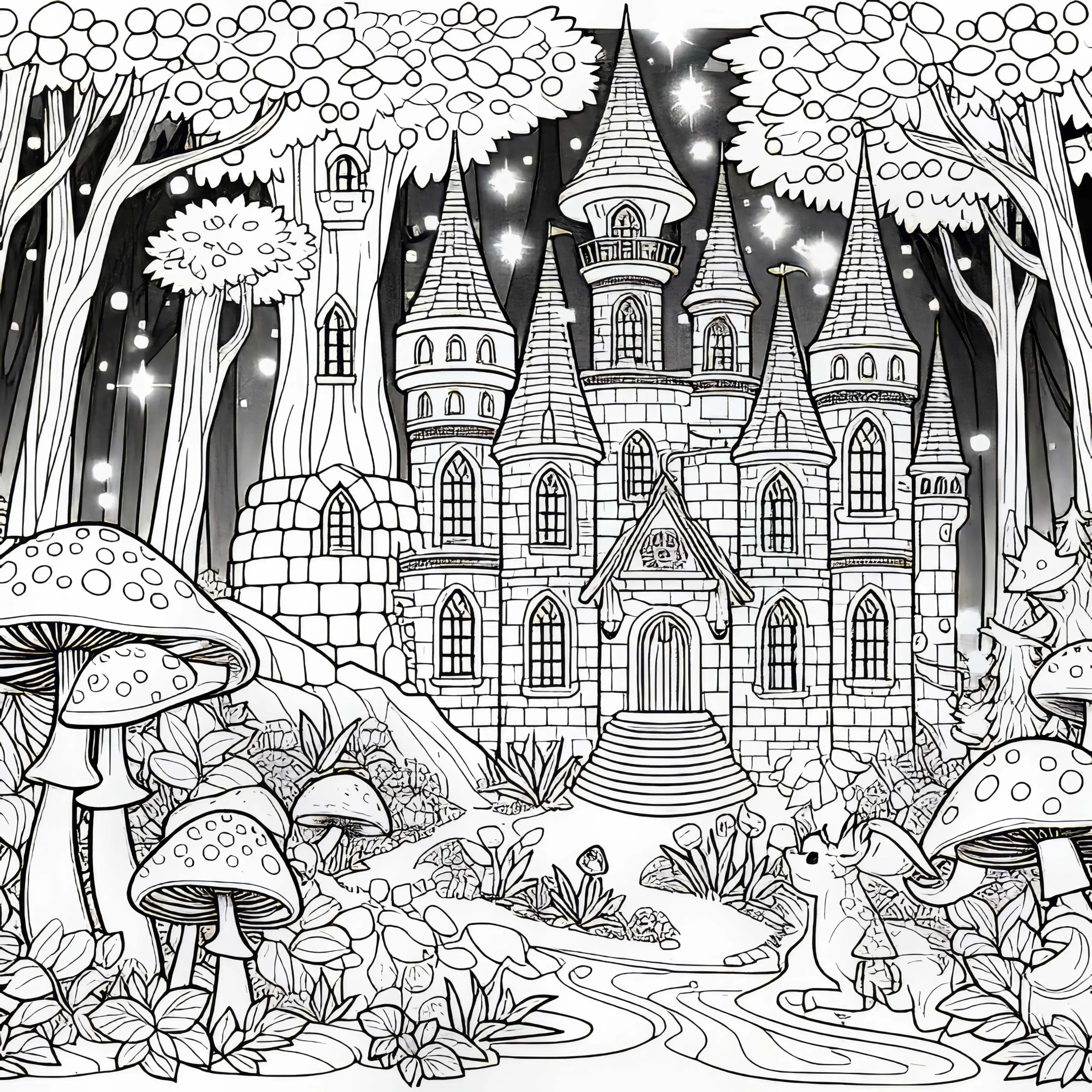 Verzaubertes Schloss im Wald umgeben von Pilzen – Malvorlage kostenlos (Ausmalbild)