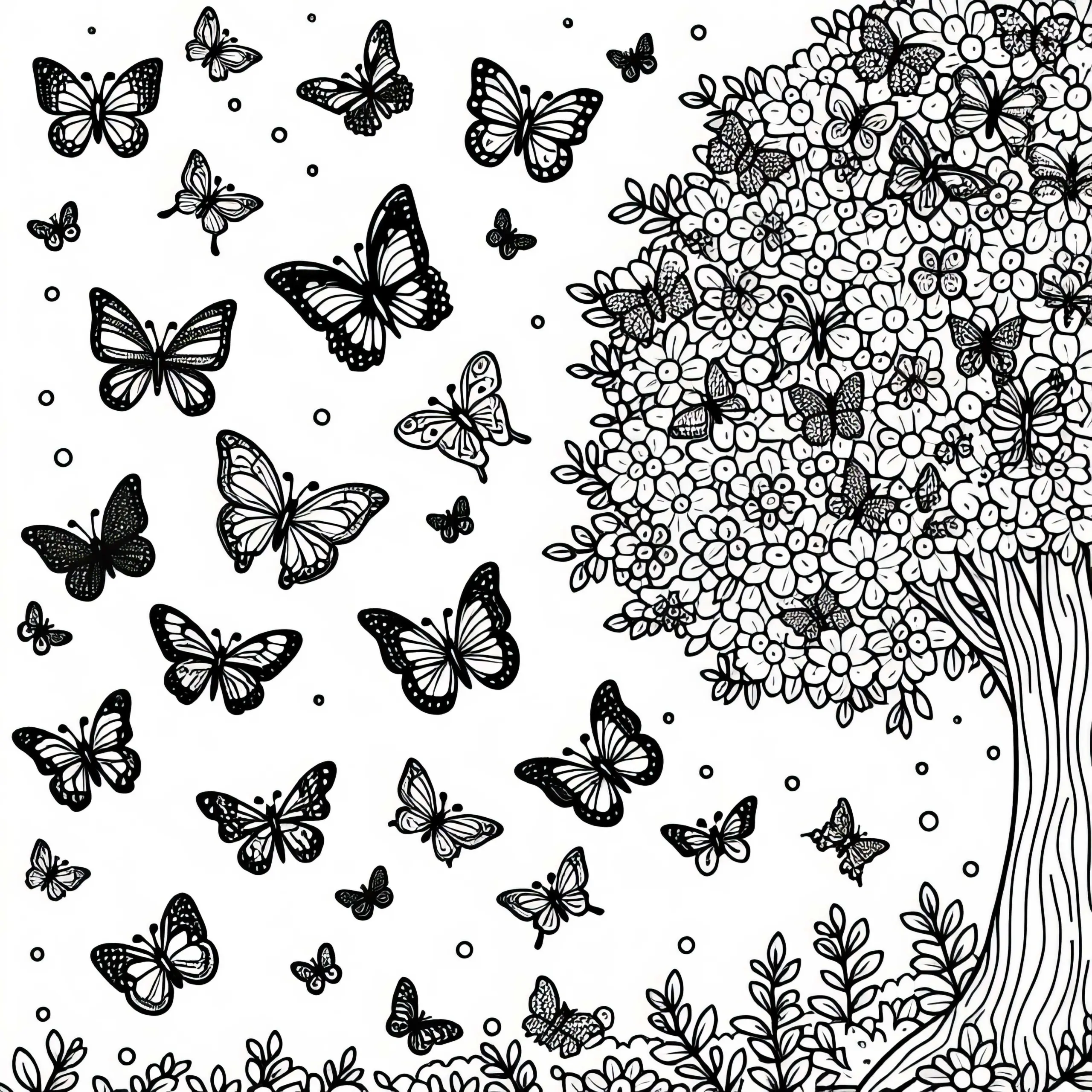 Viele Schmetterlinge Fliegen Um Einen Baum – Malvorlage Kostenlos (Ausmalbild)