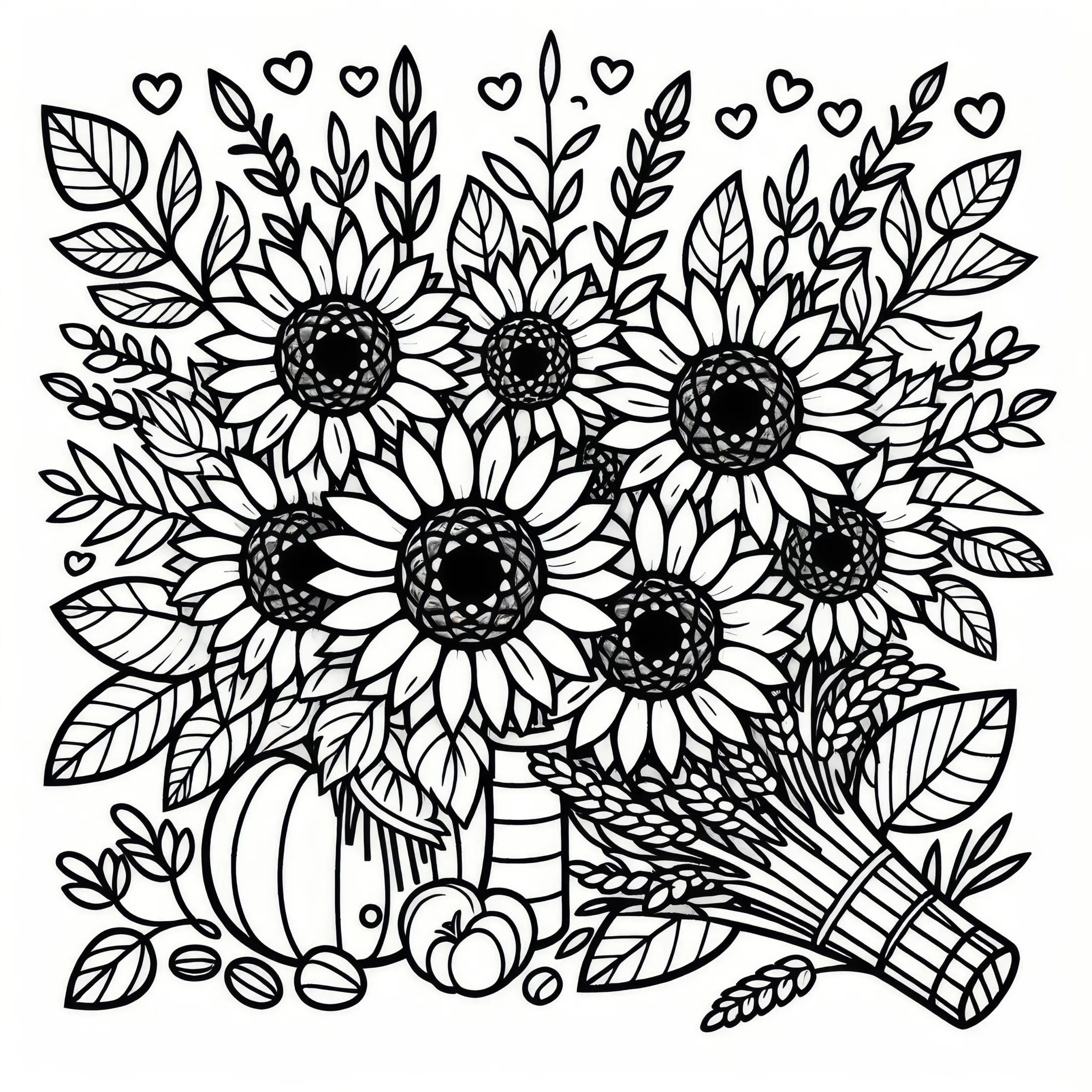 Viele Sonnenblumen zum Erntedankfest: Einfaches Ausmalbild (Kostenlos)