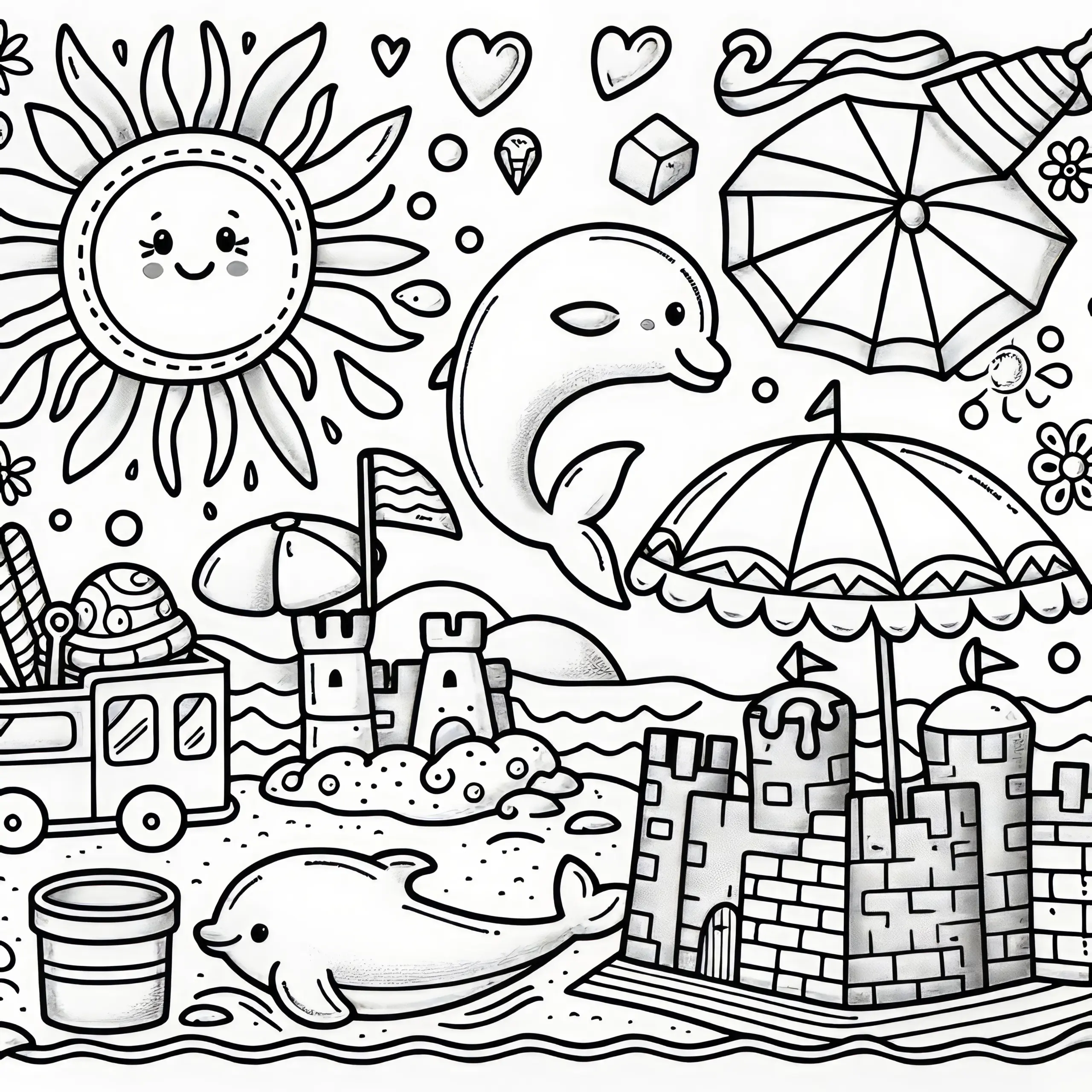 Viele Strandmotive zum Ausmalen: Delfin, Sandburg und Spielzeug (Kostenlos) (Ausmalbild)