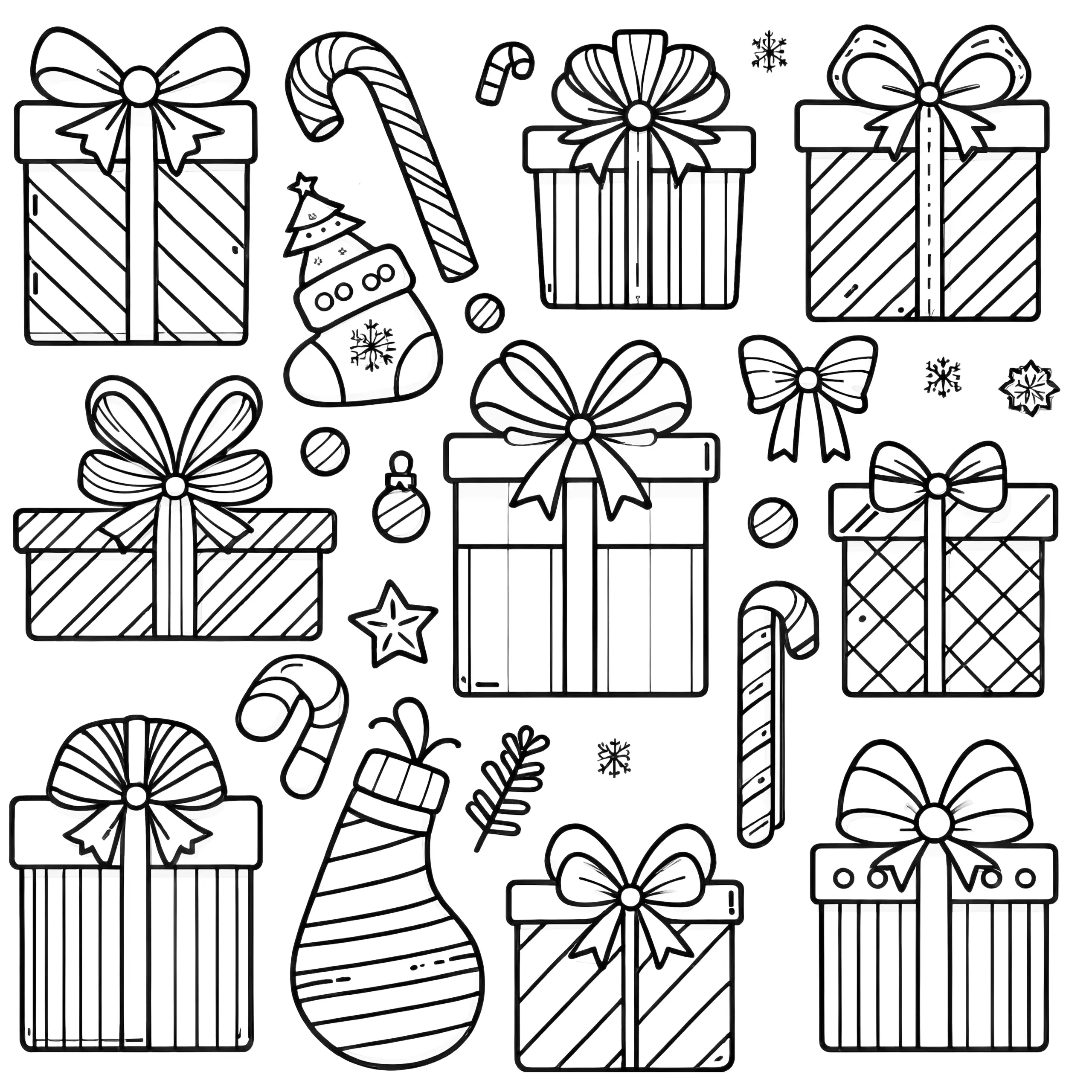 Viele Weihnachtsgeschenke: einfaches Ausmalbild
