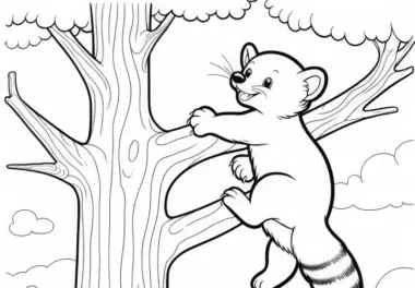 Vielfrass klettert hoch im Baum – Ausmalbild gratis