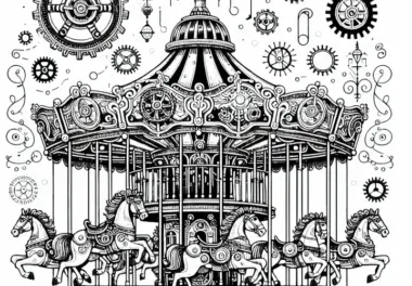 Viktorianisches Karussell Ausmalbild im Steampunk-Stil Kostenlos