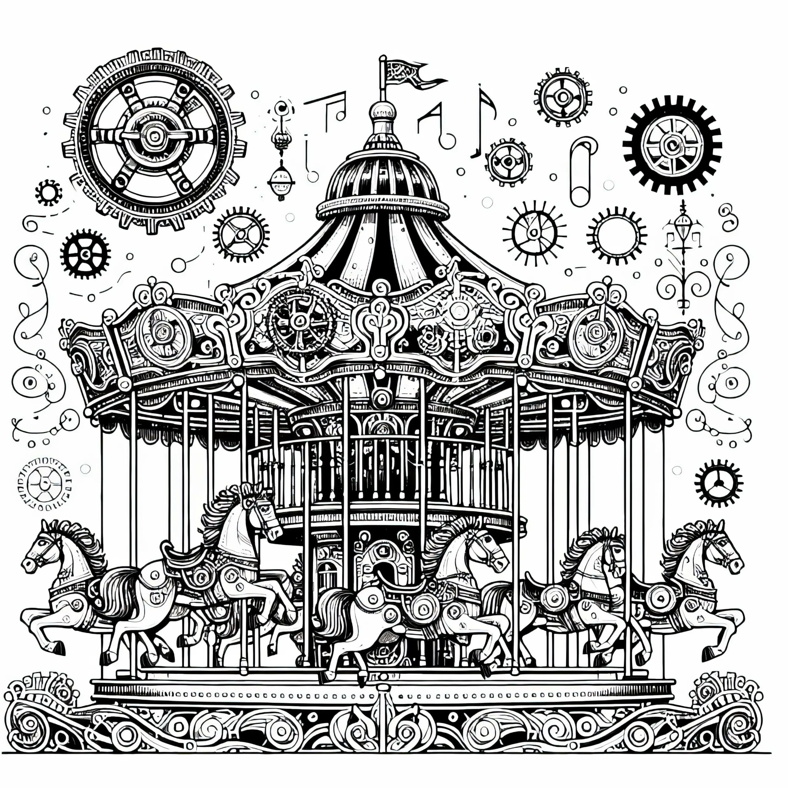 Viktorianisches Karussell Ausmalbild im Steampunk-Stil Kostenlos