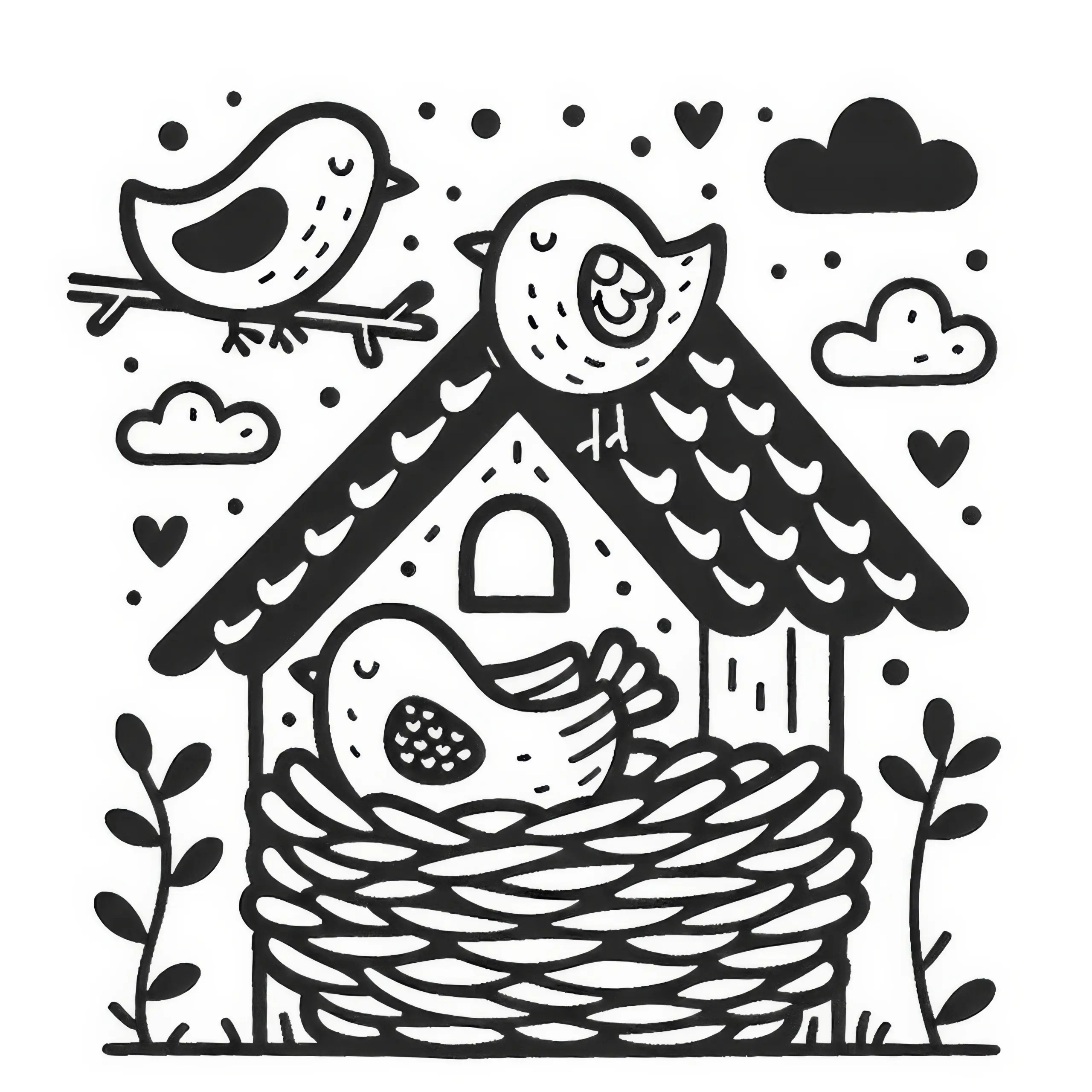 Vögel bauen ein Nest im Mai: Malvorlage zum Download (Gratis) (Ausmalbild)