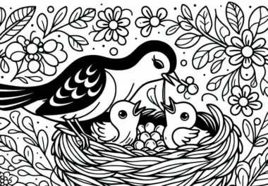 Vogel füttert junge Vögel im Nest – Ausmalbild kostenlos