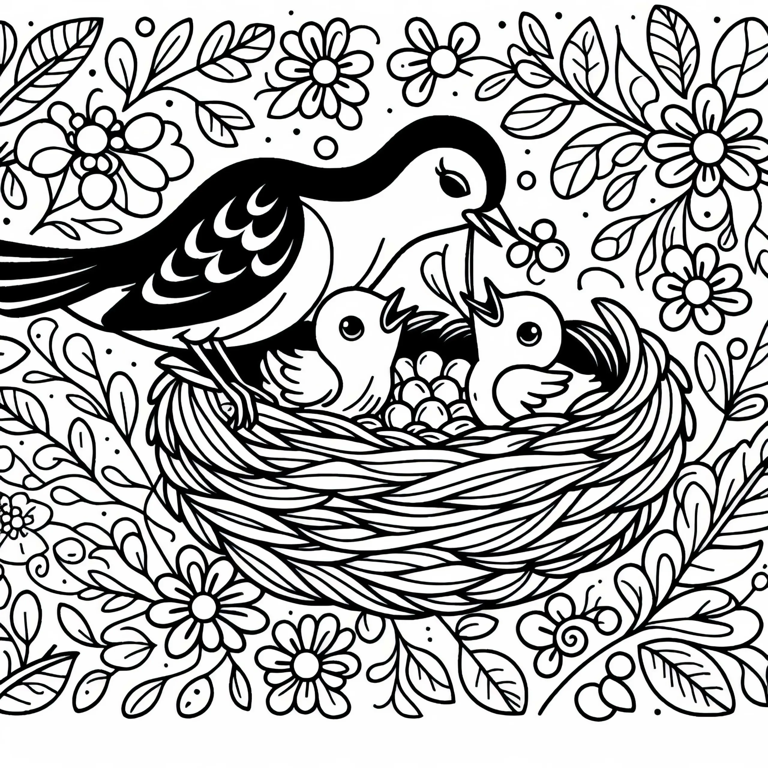 Vogel füttert junge Vögel im Nest – Ausmalbild kostenlos