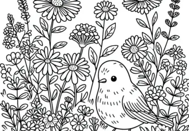 Vogel sitzt zwischen Wildblumen am Boden – Malvorlage gratis